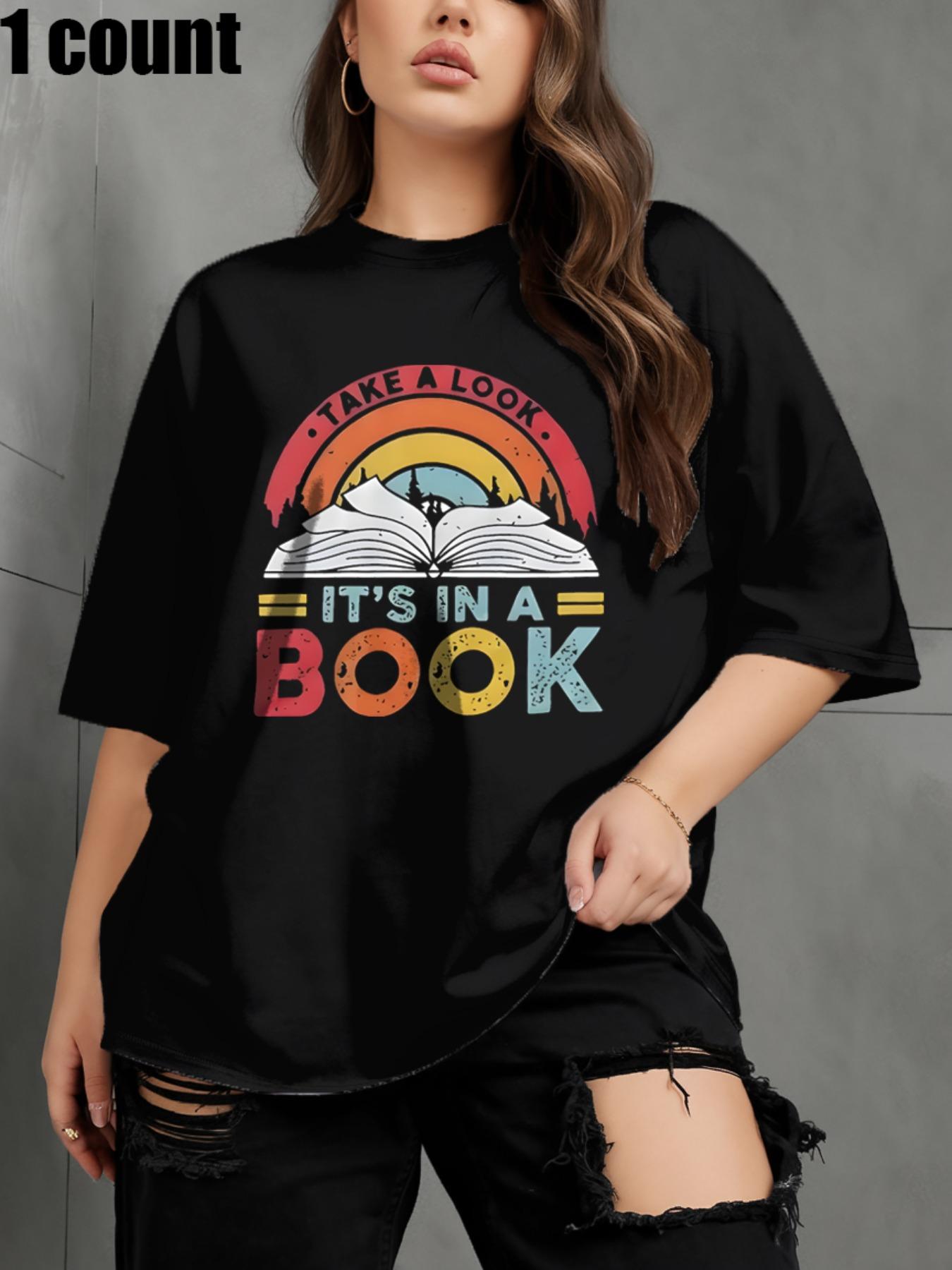 【Plus Size】 Book & Letter Print Round Neck Tee, Fashion Casual Crew Neck Short Sleeve T-Shirt for Daily Outdoor Wear, Women Tops for All Seasons