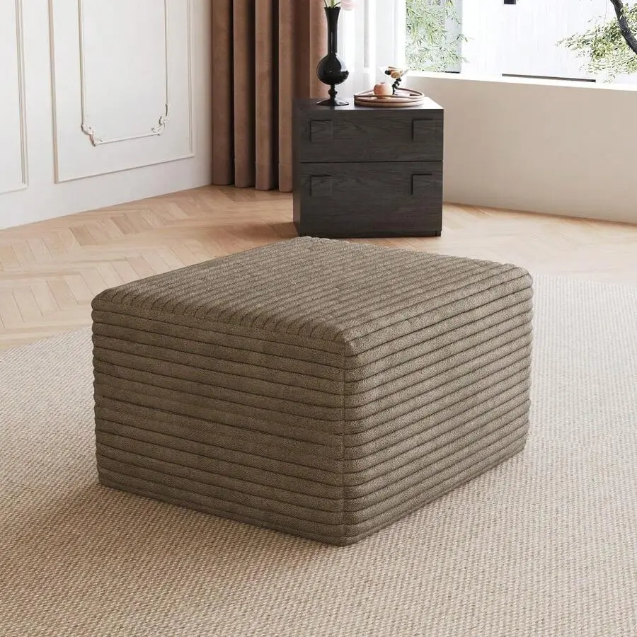 Plush Corduroy Camel Sofa Ottoman - Minimalist Square Chaise Lounge Couch with Reversible Expansive Cloud-Like Seating, No Assembly Required