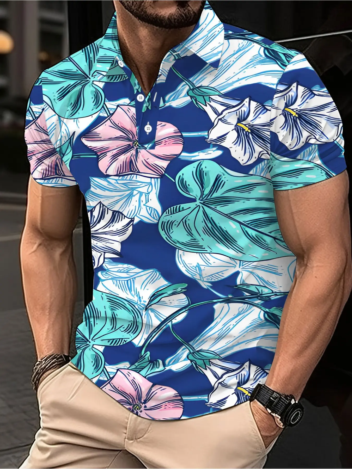 Men's polo shirt with floral print in short sleeves, featuring blue, pink and green color combinations. Casual and fashionable. With graffiti design. Hooded and v-neck style. Suitable for summer / beach / clothing / men / printed / clothes.