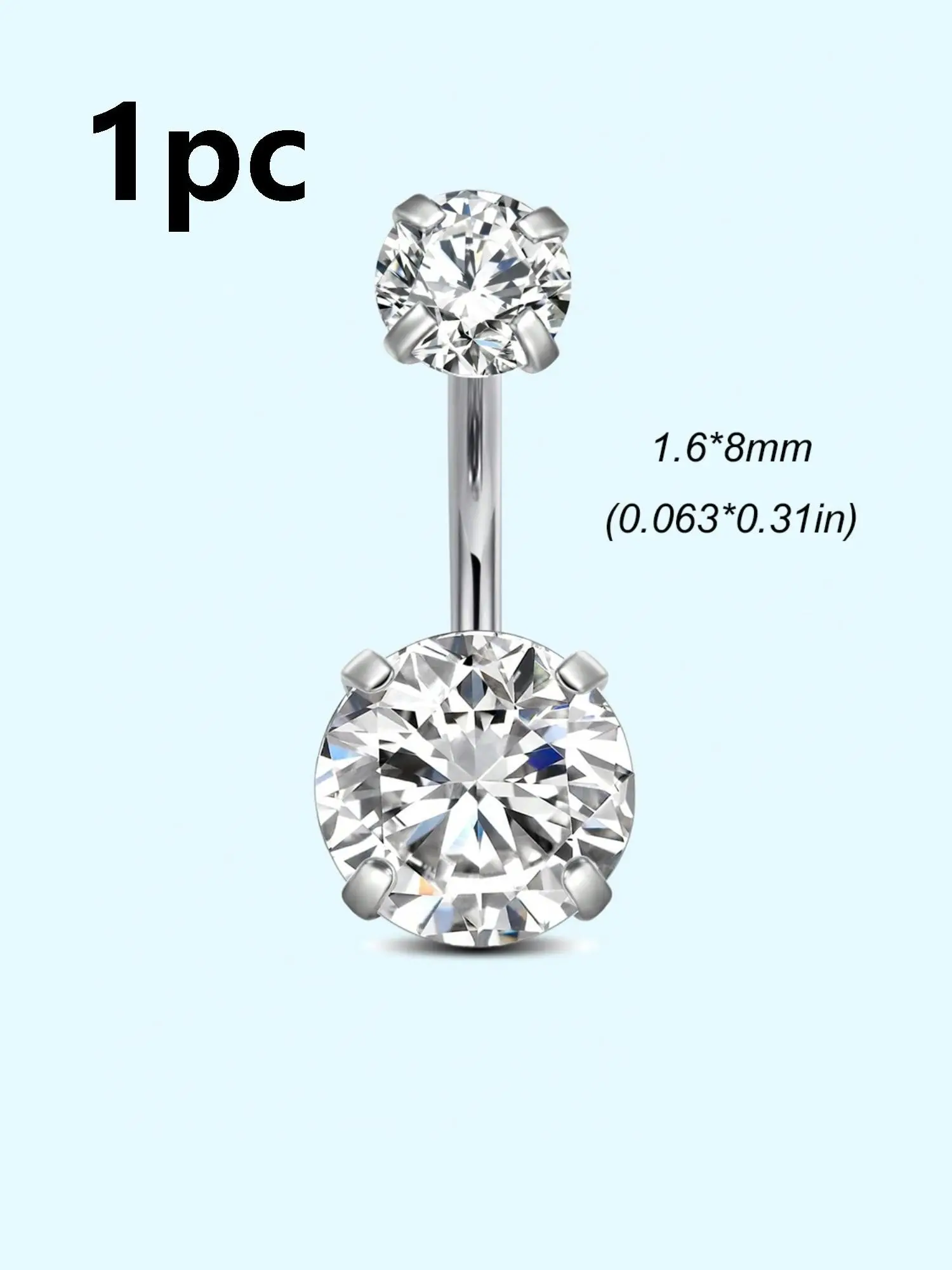 G23 Titanium Steel Belly Ring 14g, Cubic Zirconia Inlay, Body Piercing Jewelry, Inner Thread, Unisex, 6-16mm Sizes