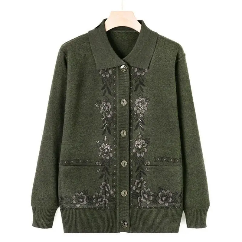 New Middle Aged Elderly Mother Woolen Coat Lapel Collar Women Spring Autumn Knitted Cardigan Sweater Female Knitwear Jacket