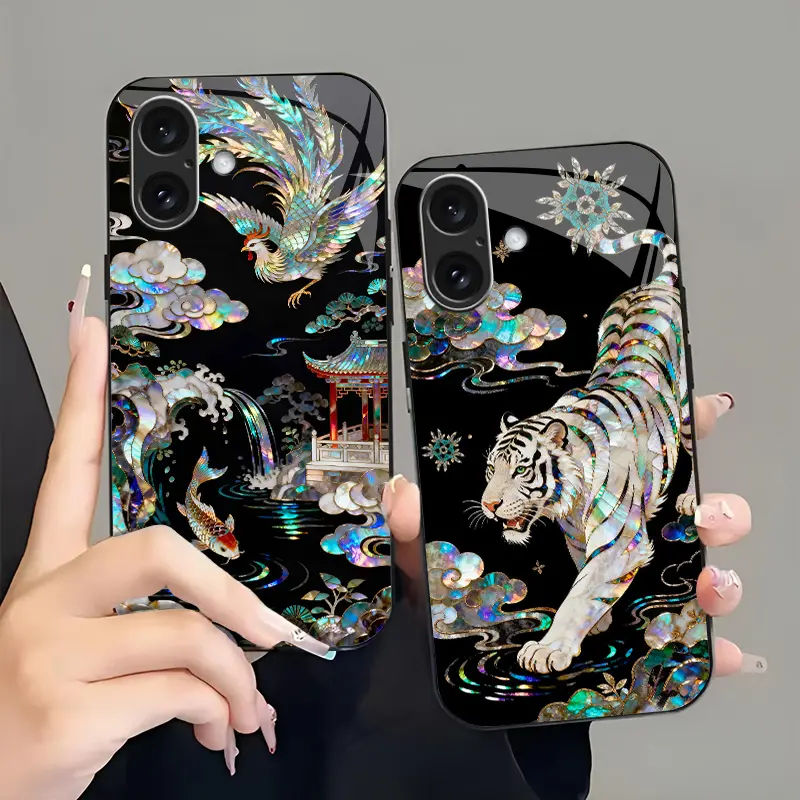 Luxury mother of pearl case with gold foil and mythical dragon design, iridescent holographic cover for iPhone 17/16/15/14/13 Pro Max and Samsung S26/S25/S24 - 975