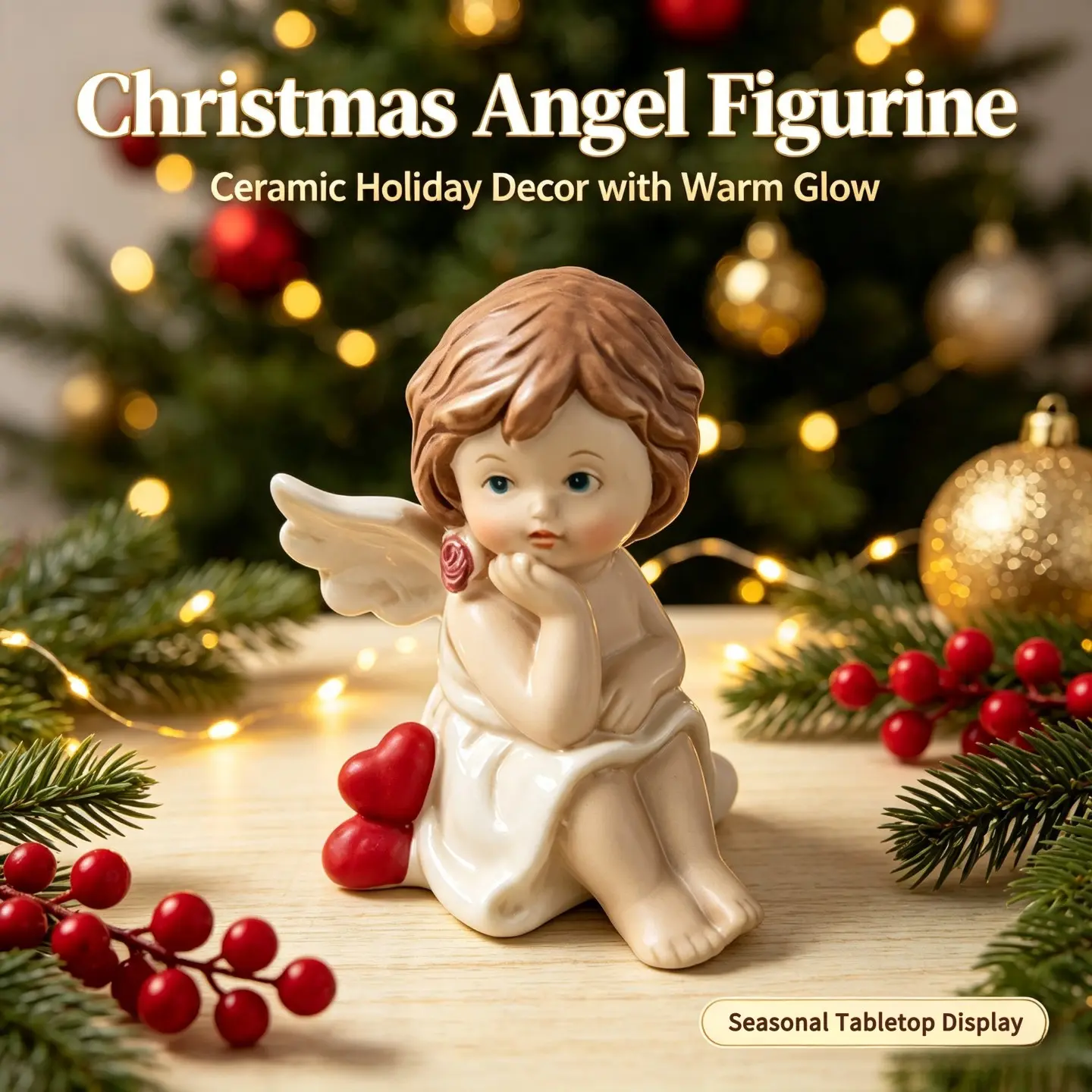 Sweet Sitting Ceramic Cherub Angel Figurine with Red Hearts & Rose, Vintage Hand‑Painted Porcelain Statue, Christmas Holiday Tabletop Mantel Shelf Home Decor, Perfect Christmas Gift, Thanksgiving New Year Housewarming Present, Aesthetic Cottagecore Room A