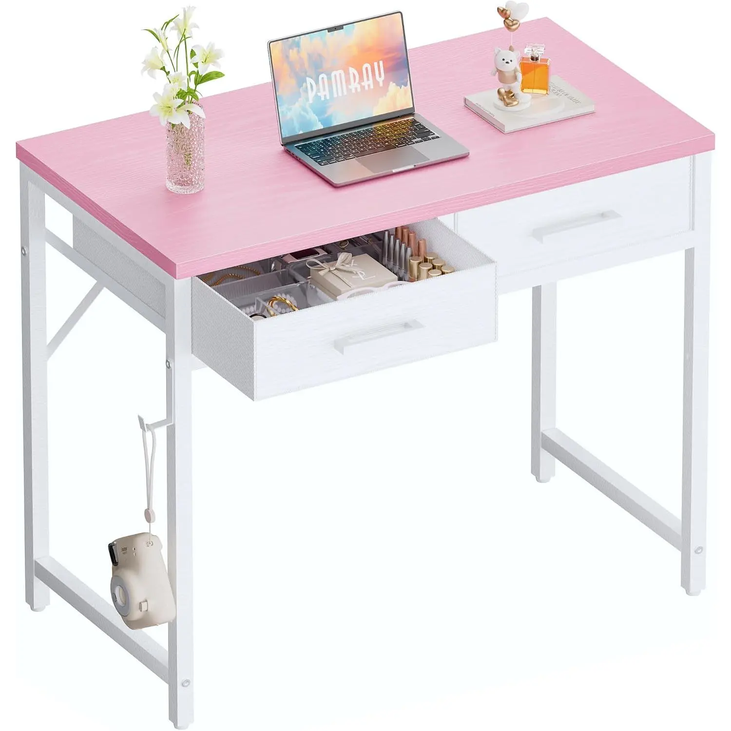 32-Inch Small Computer Desk Table with 2 Drawers - Compact Indoor Furniture for Bedroom, Home Office Writing & Study Spaces (Pink)