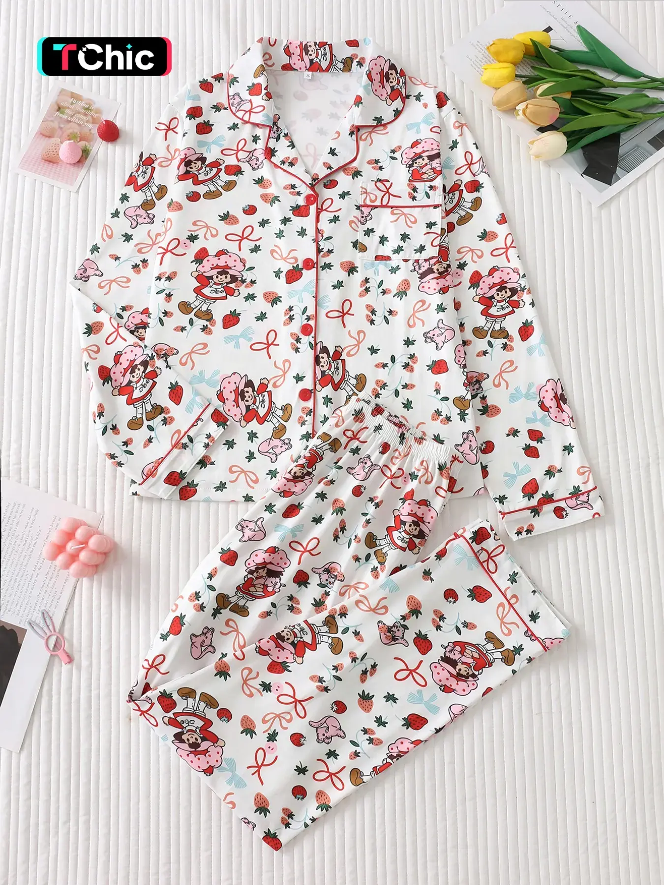 Two-Piece Sweet Strawberry Cartoon Girl Pajama Set, High-Quality Satin Fabric, Smooth Comfortable, Long Sleeve Top and Pants, Elegant Style