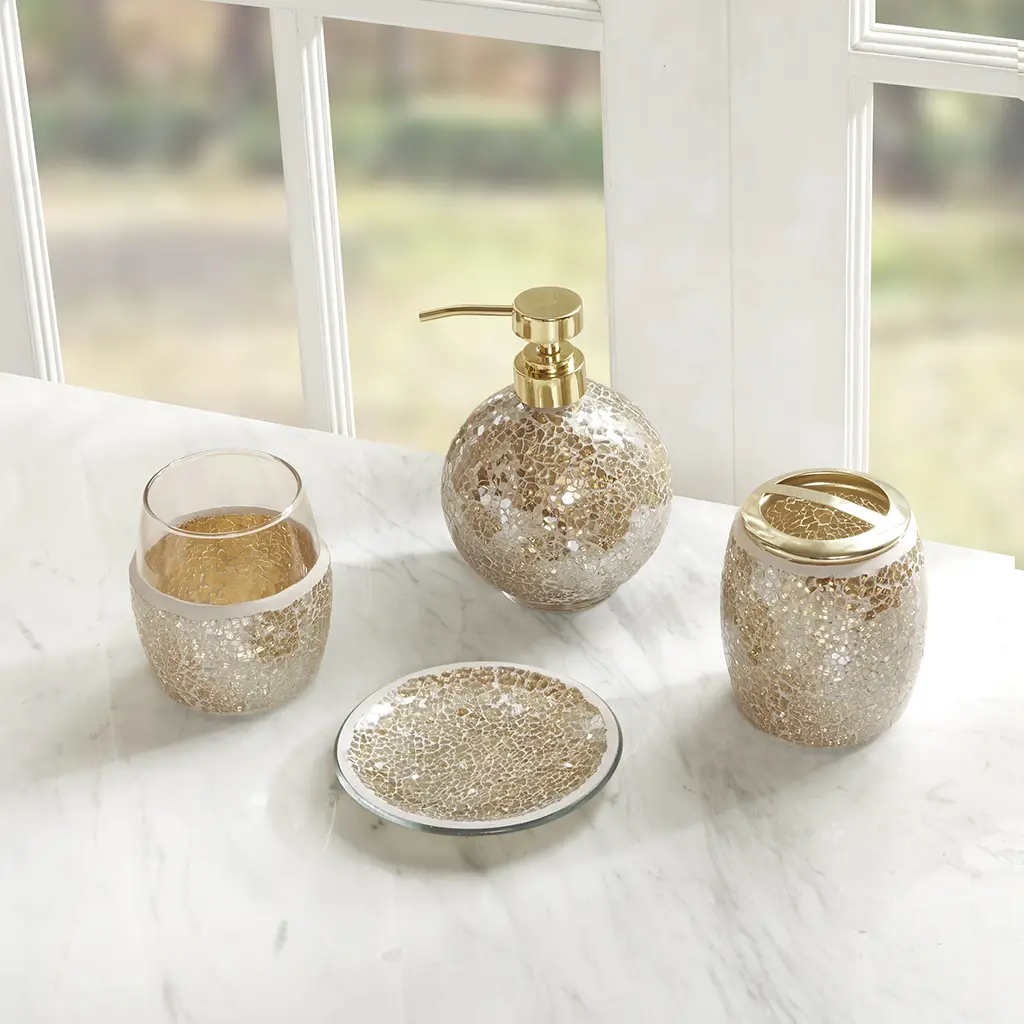 Nokaa 4-Piece Bathroom Accessory Set with Soap Dispenser, Toothbrush Holder, Tumbler, and Ring Dish, Gold Fabric Bath Organizer Kit for Countertop Vanity Sink Storage, Compact Design, Home Bathroom Supplies