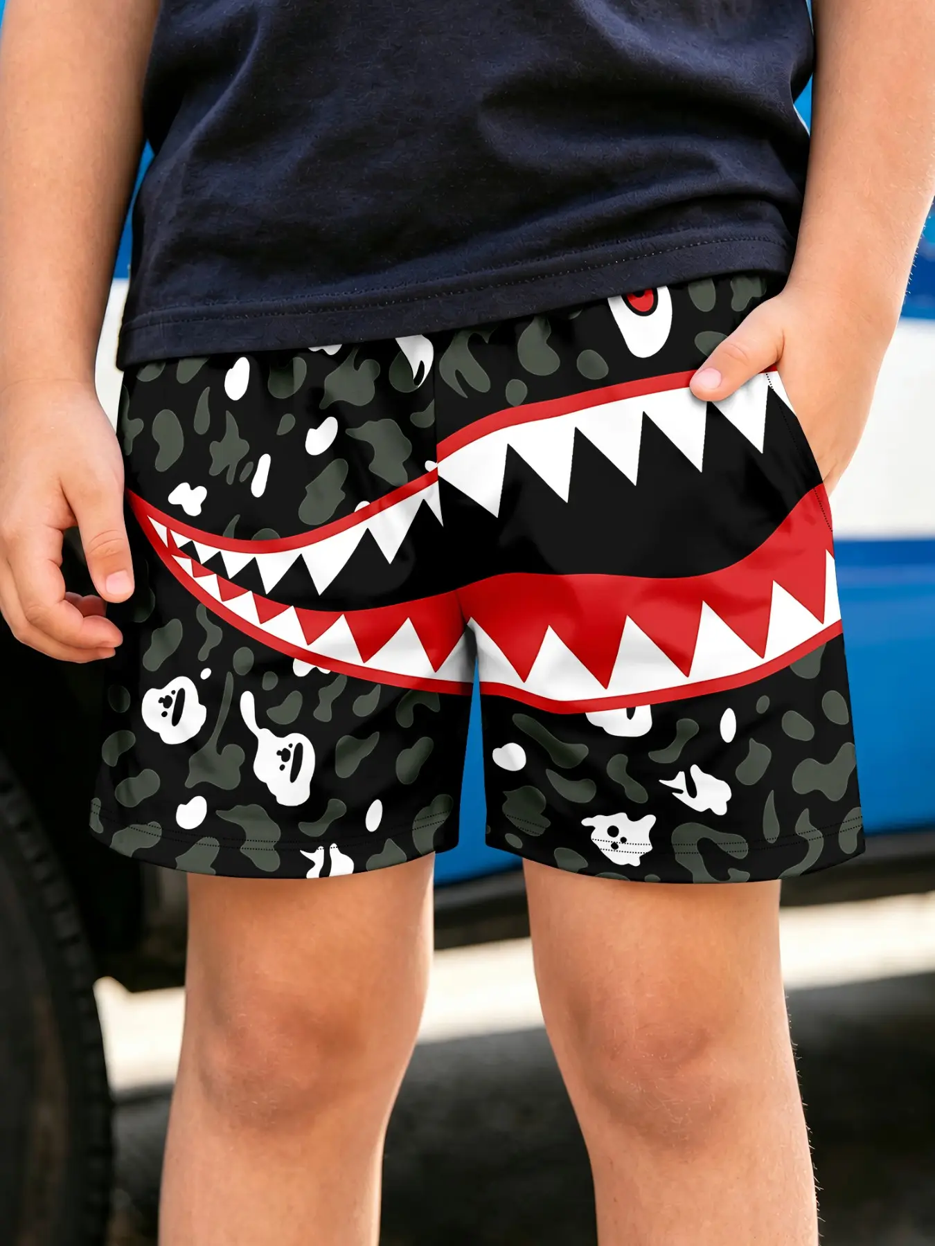Shark Mouth Camo Print Summer Shorts, Boys' Quick-Dry Beach Pants, Breathable Loose Fit Swim Trunks, Pool, Vacation, Daily Wear, Casual Summer Swimwear, Youth Swim Trunks, Childrens Swimwear