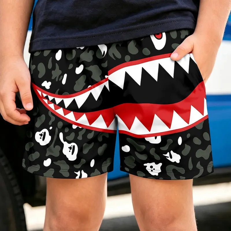 Shark Mouth Camo Print Summer Shorts, Boys' Quick-Dry Beach Pants, Breathable Loose Fit Swim Trunks, Pool, Vacation, Daily Wear, Casual Summer Swimwear, Youth Swim Trunks, Childrens Swimwear