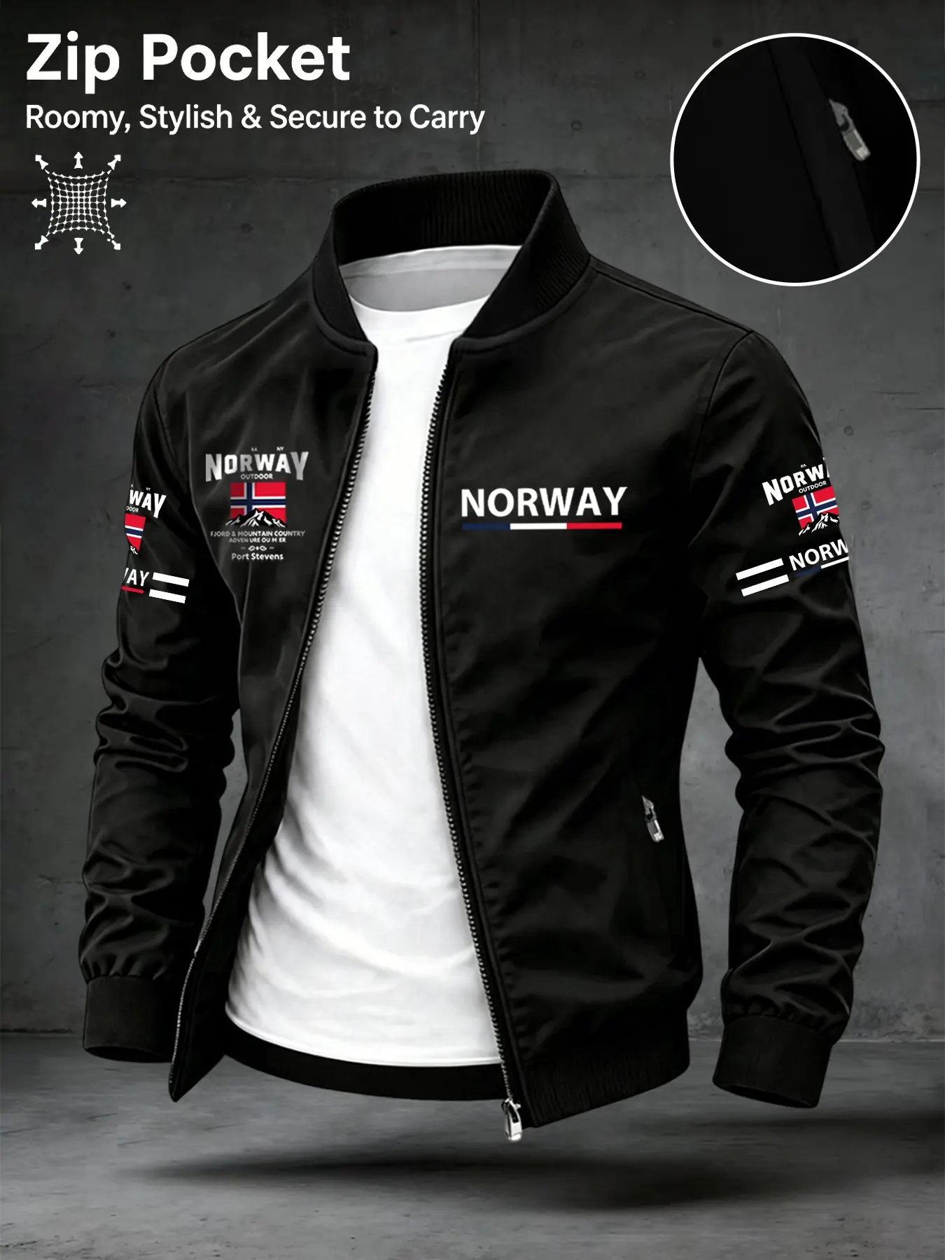 Men's Spring Fall Casual Jacket, Fashionable Norway Letter Print, Zip Pocket Design, Perfect Gift for Boyfriend or Father