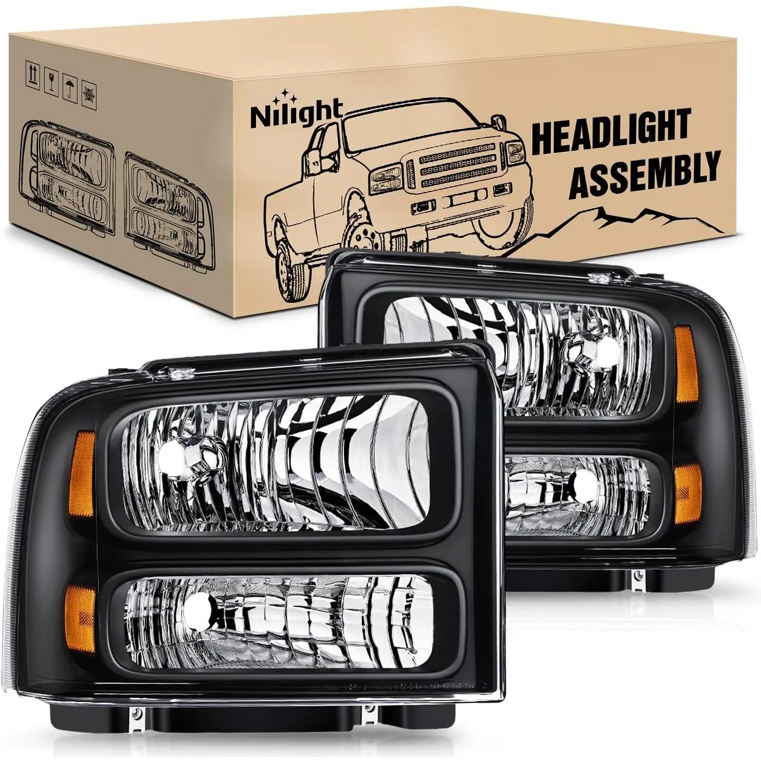 Nilight Headlight Assembly 2005 2006 2007 F250 F350 F450 F550 Super Duty Black Housing Amber Corner Clear Lens 4 Pack Headlights Assembly Replacement, F-Series Trucks, Ip65