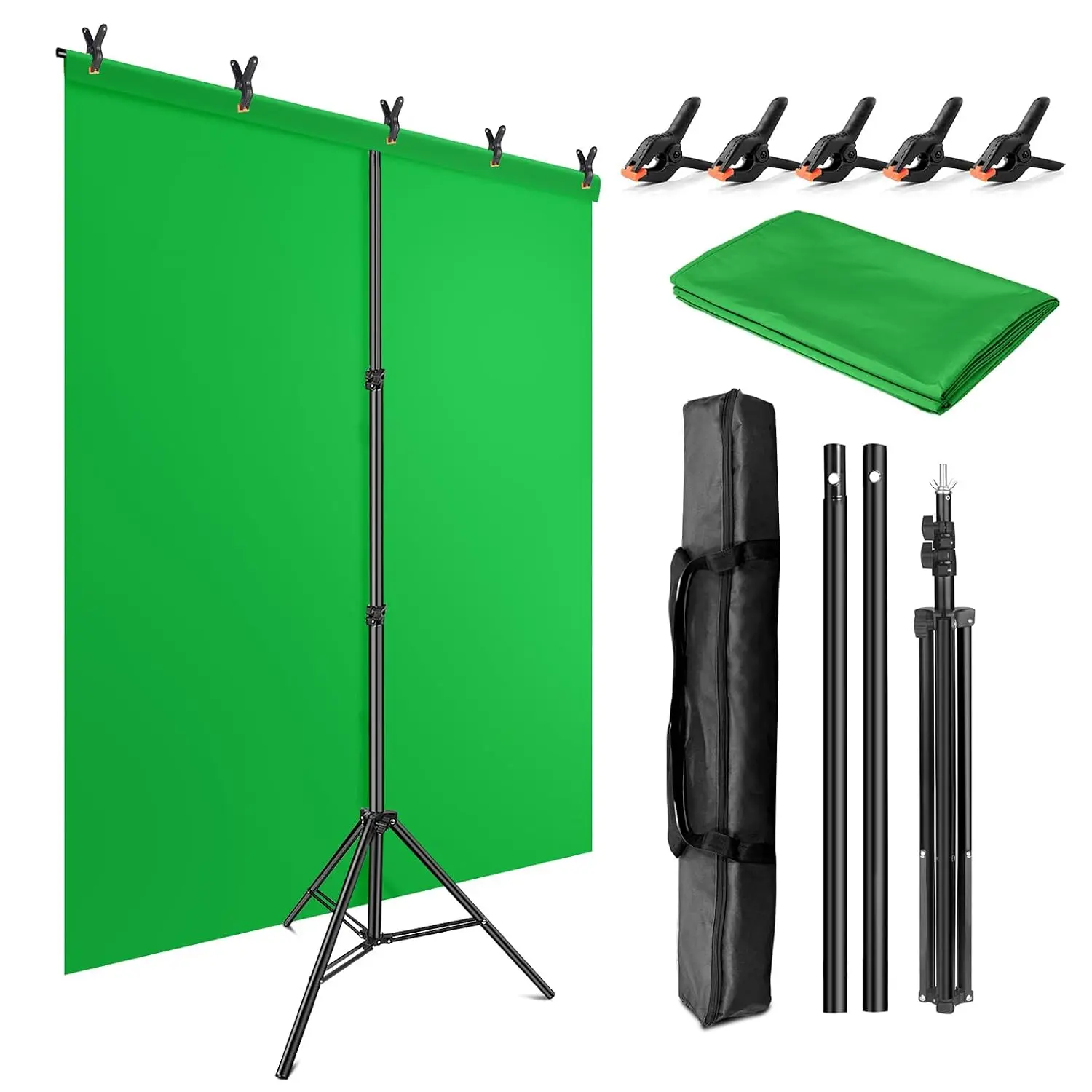 Green Screen Backdrop Kit with Stand, 5X6.5ft Portable Green Screen Backdrop with Stand kit, GreenScreen Background with Stand Carrying Bag Clamp for Streaming Video Zoom