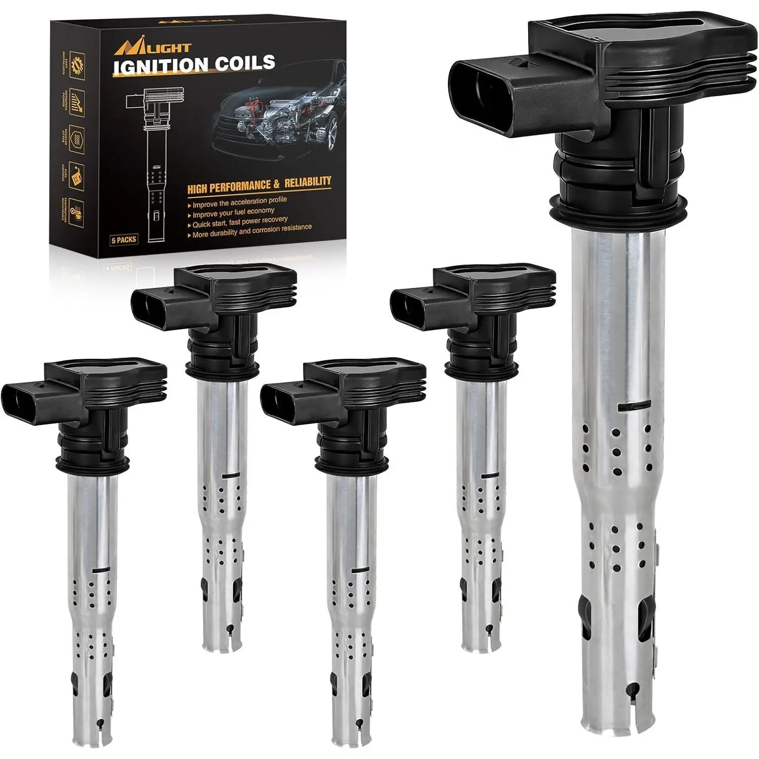 Nilight Ignition Coil Pack with Rubber, Copper Wire, Silicone Rubber Boot - Highly Shock-Resistant, Long Lifespan - Fit for Volkswagen Audi VW Jetta Rabbit Beetle Passat Golf Tiguan GTI Eos CC Quattro A3 A4 A5 Q3 2005-2012 2.5L L5 - OE# UF575, Set of 5
