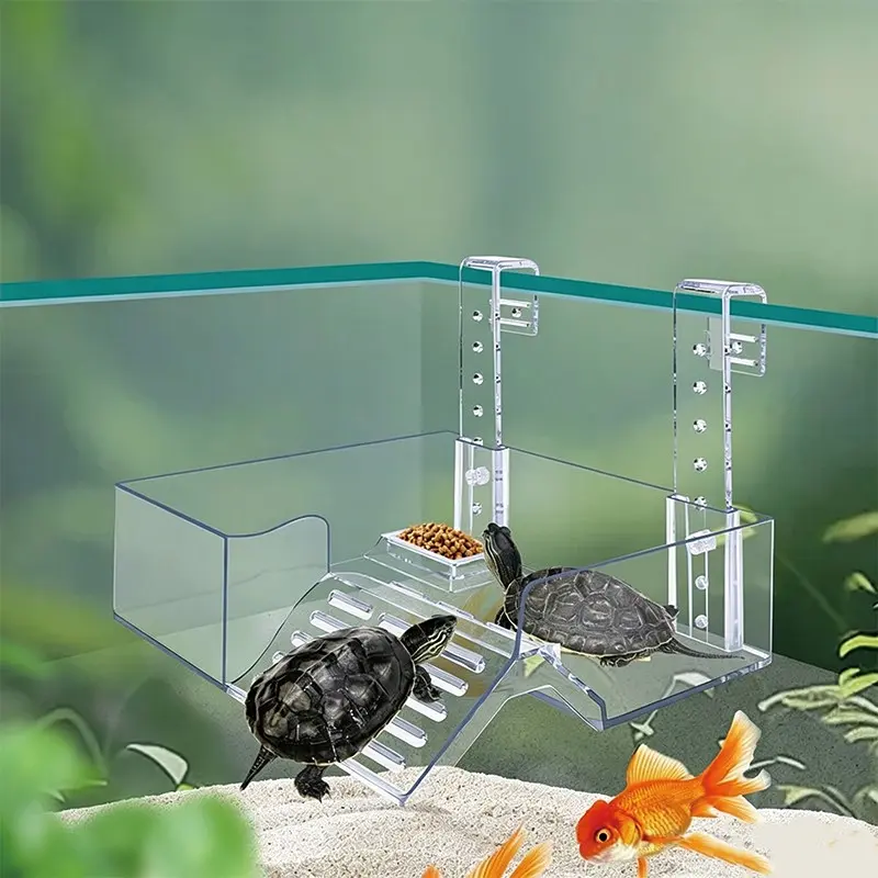 Transparent Turtle Sunning Platform, Wall-Mounted Reptile Resting Spot, Fish-Turtle Mixed Tank Feeding Hook, Aquarium Decorative Climbing Rack