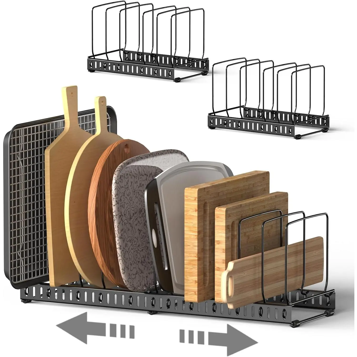 Cutting Board Organizer Rack for Cabinet, Expandable 11.3"-22.5" Adjustable Divider Cutting Board Holder and Pot Lid Organizer, Kitchen Cabinet Organizer for Bakeware, Black