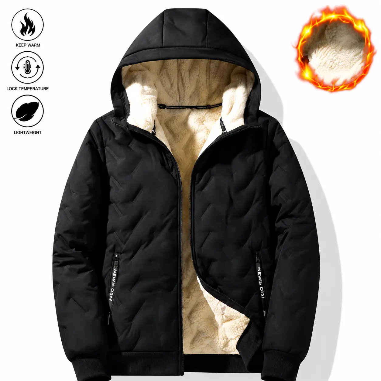 Men's Korean Casual Baggy Winter Jacket - Solid Color, Fleece-Lined Polyester, Hooded, Windproof for Outdoor Commuting, Woven, Hooded Protection, Long Sleeves Keep Arms Covered, Plain Style Keeps Outfits Clean, Windproof Coat
