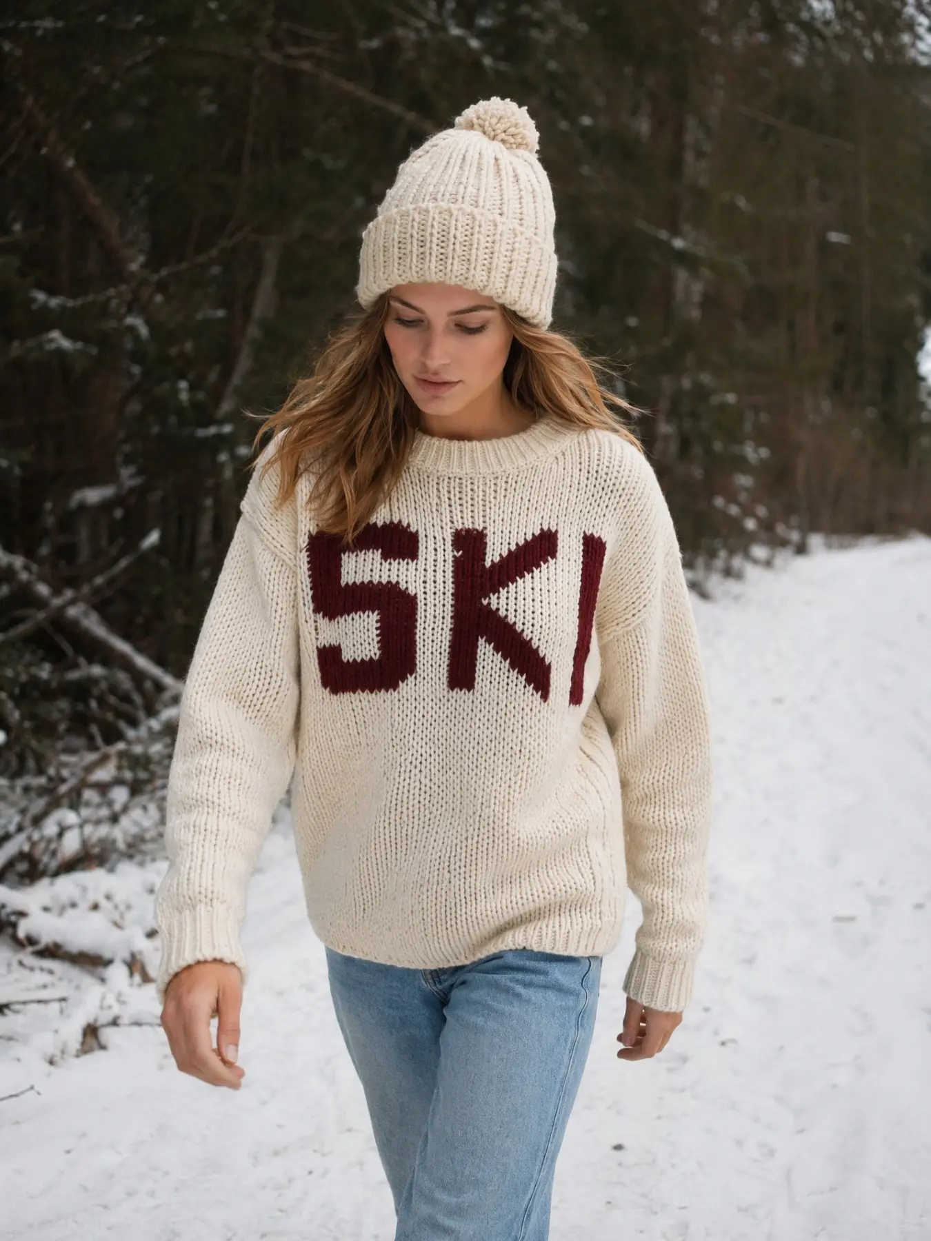 Ski Letter Jacquard Ski Sweater, American Casual Ski Style Top, Loose Fit Slimming, Daily Commute Snow Travel, Gx2622