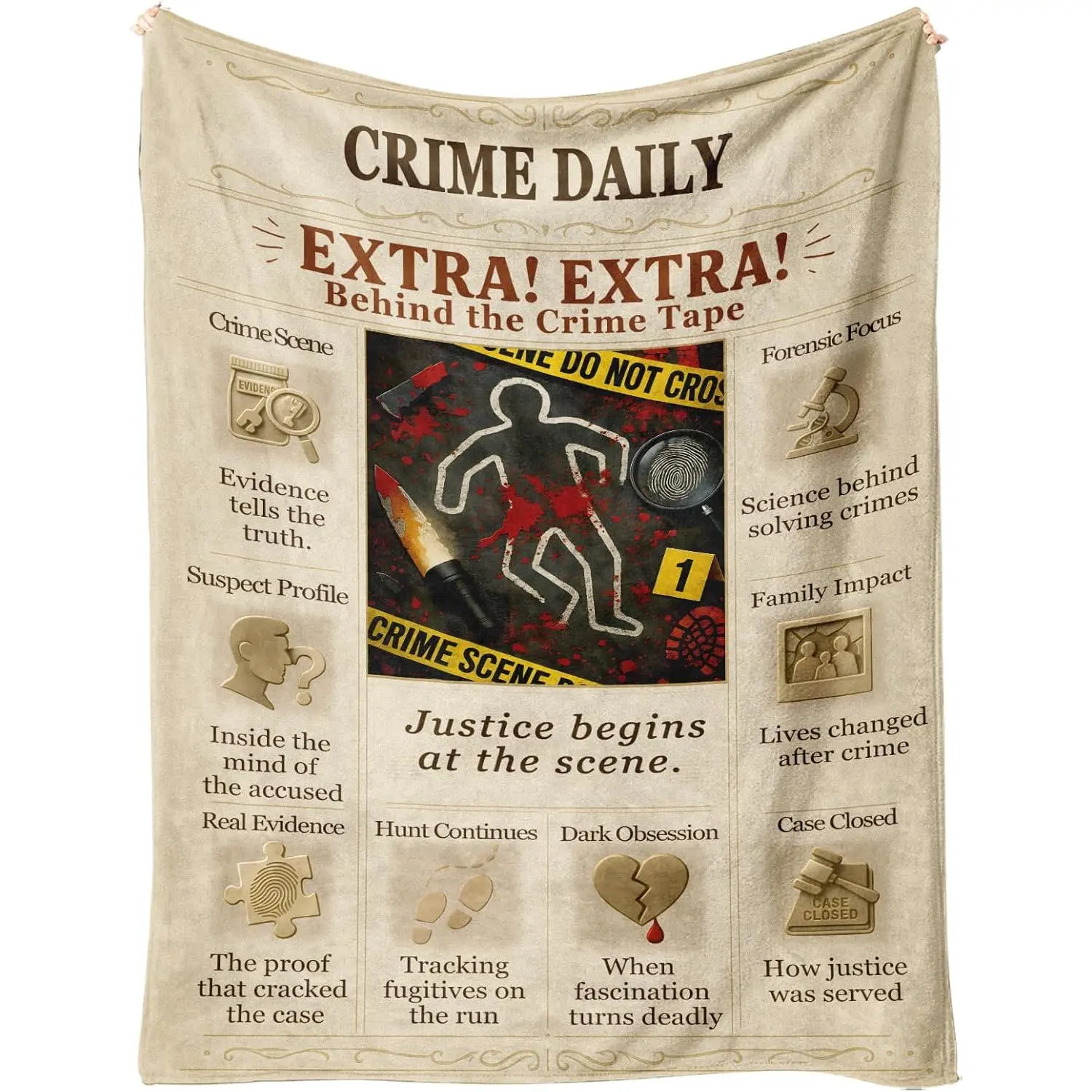 True Crime Blanket - Cozy Crime Scene Throw, Detective Mystery Gifts for Women & Men, Soft Flannel Fleece Forensic Investigation Decor, Unique Spooky Ideas for Crime Lovers