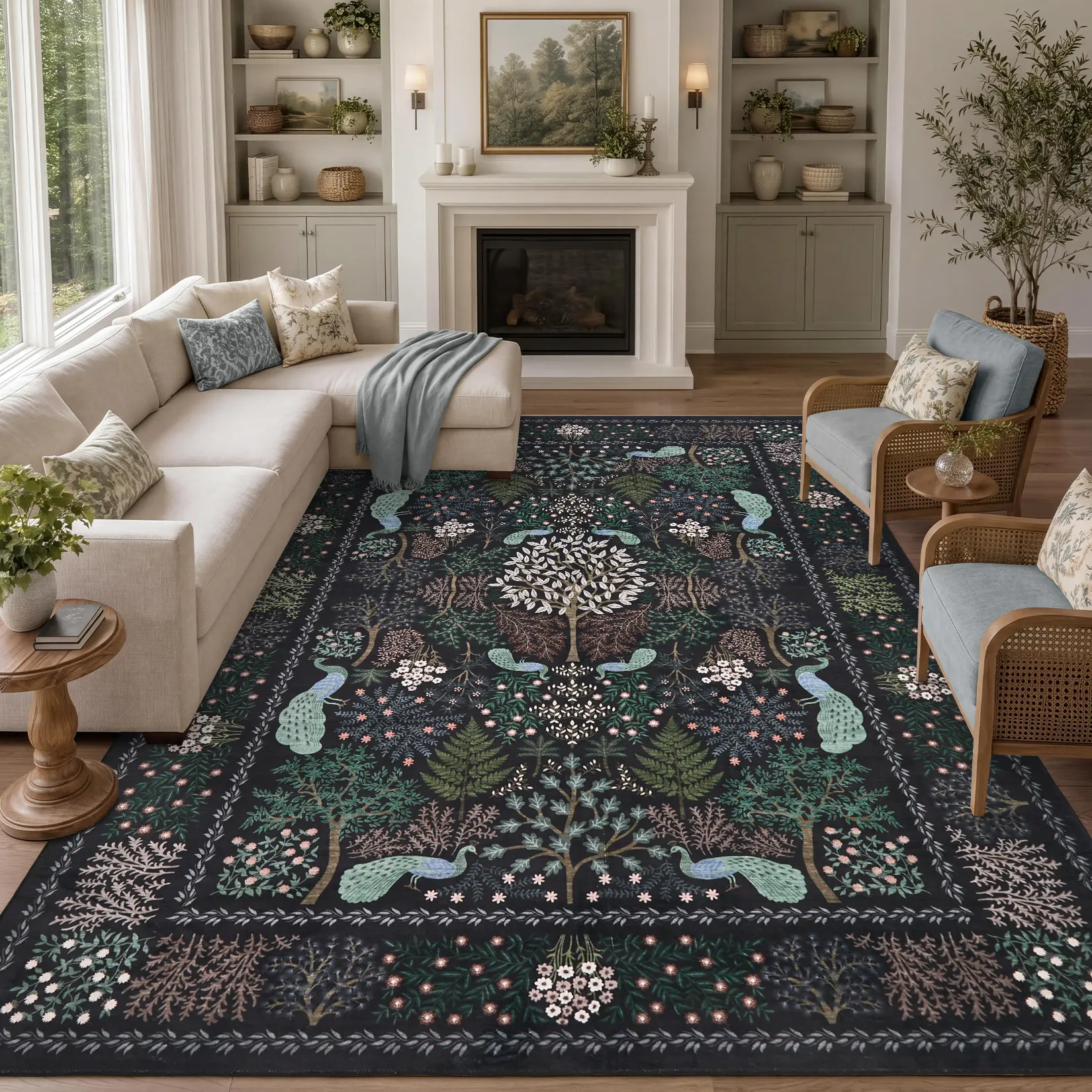 Washable Jungle Rugs for Living Room Bedroom, Botanical Peacock Print Nursery Rug with Non Slip Back, Soft Forest Area Rug for Farmhouse Dining Room Stain Resistant Floor Rugsfor Home Office