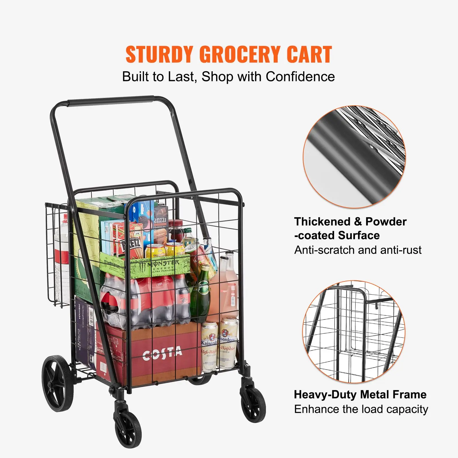 Folding Shopping Cart, Jumbo Grocery Cart with Double Baskets, 360° Swivel Wheels, Heavy Duty Utility Cart, 110 LBS Large Capacity Utility Cart for Laundry, Shopping, Grocery, Luggage