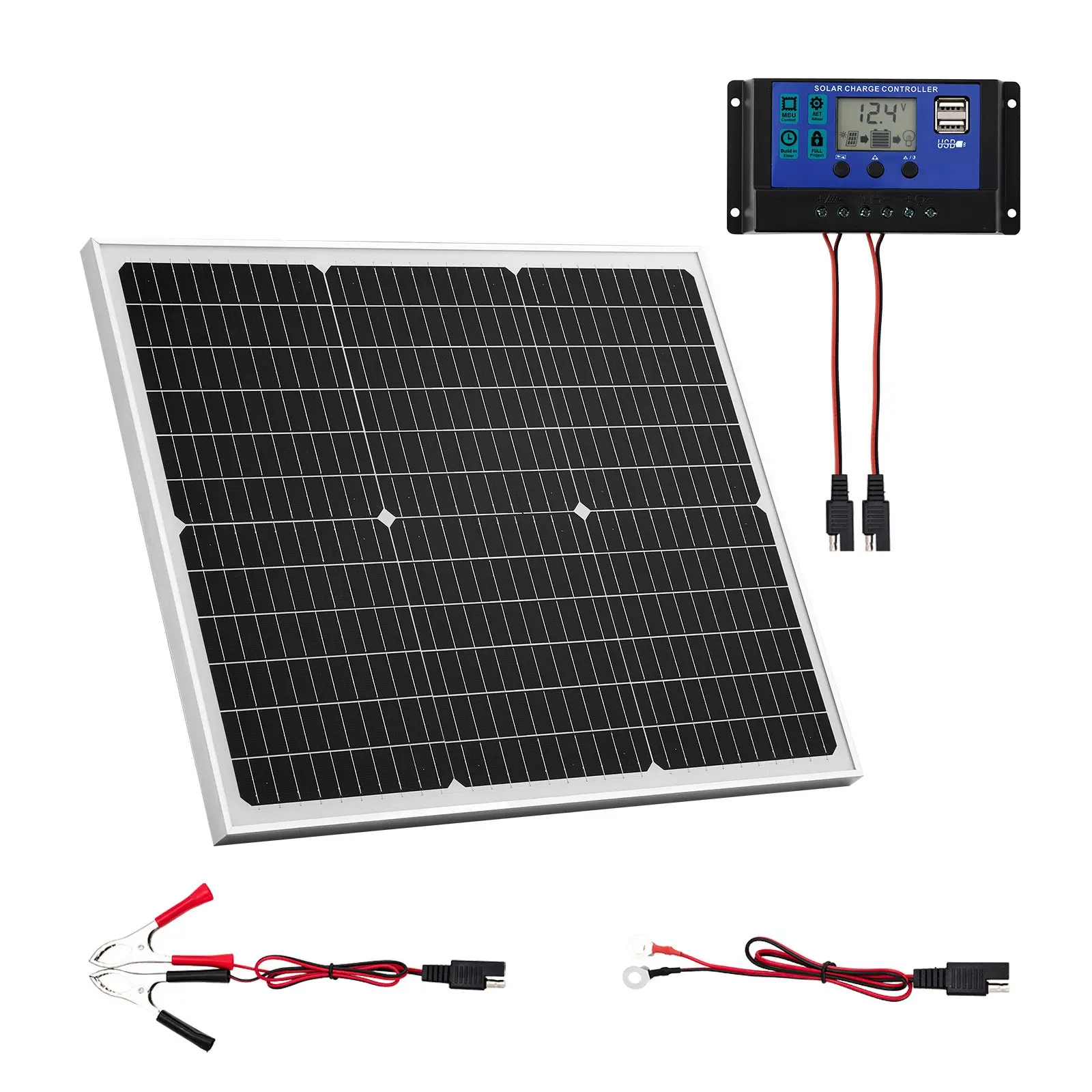 50W 12V Solar Battery Charger Maintainer, Mono Solar Panel Trickle Battery Charger with Upgraded MPPT Controller, IP65 Waterproof for Car Boat RV Trailer Flat Rooftop (Bracket Not Included)