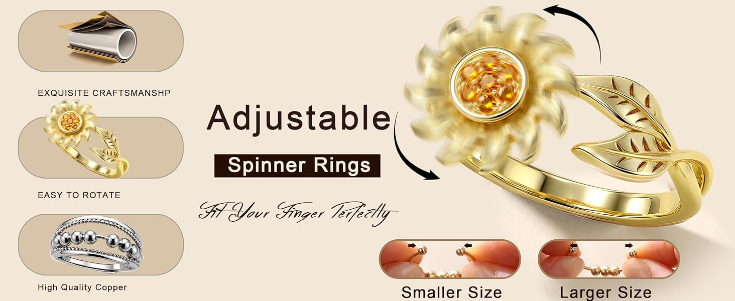 9 Pcs Fidget Anxiety Relief Rings for Women & Men, Spinner Ring Set with Cz Flower Moon Star Design, Adjustable Anti-Rotatable Jewelry Gift