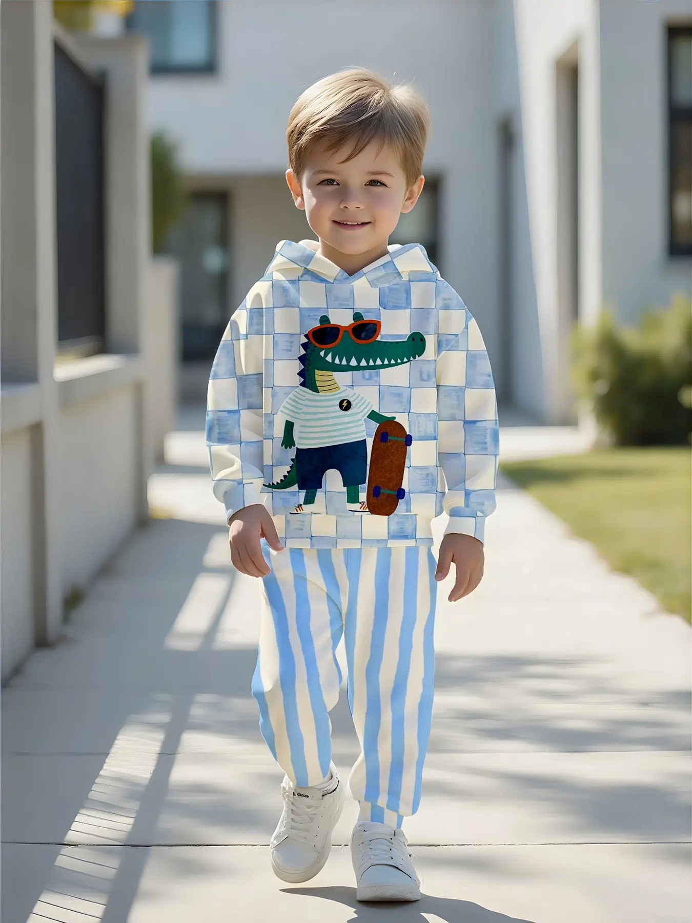Blue Plaid Skateboard Crocodile Cartoon Print Kids Hoodie Set, Striped Drawstring Pants, Boys Casual Two-Piece