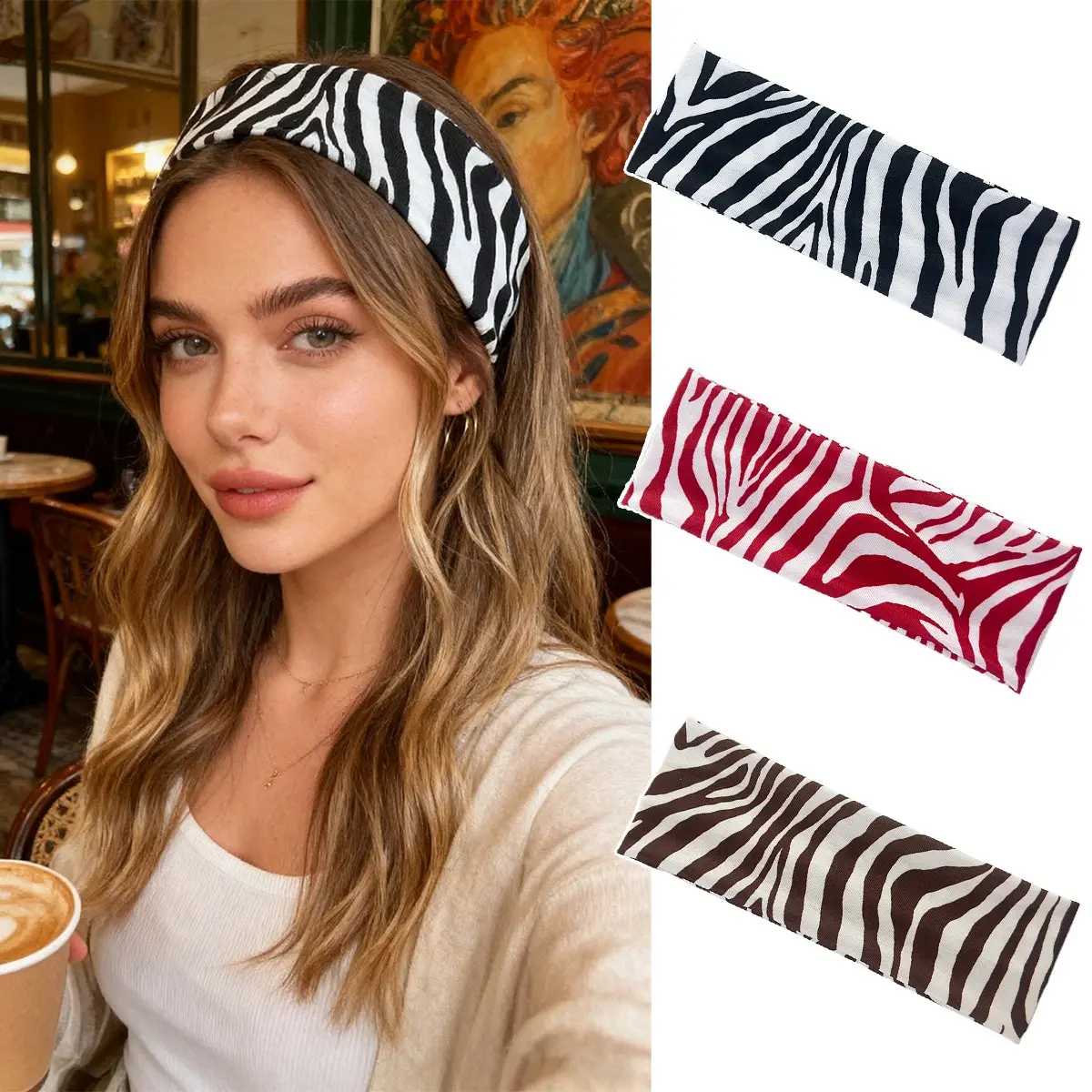 Female Zebra Print Wide Headband - High-Stretch, Soft, Non-Slip Yoga Hair Accessory for Makeup, Daily Wear, Travel (Bag Charm & Twilly Alternative for Luggage & Bag Accessories)