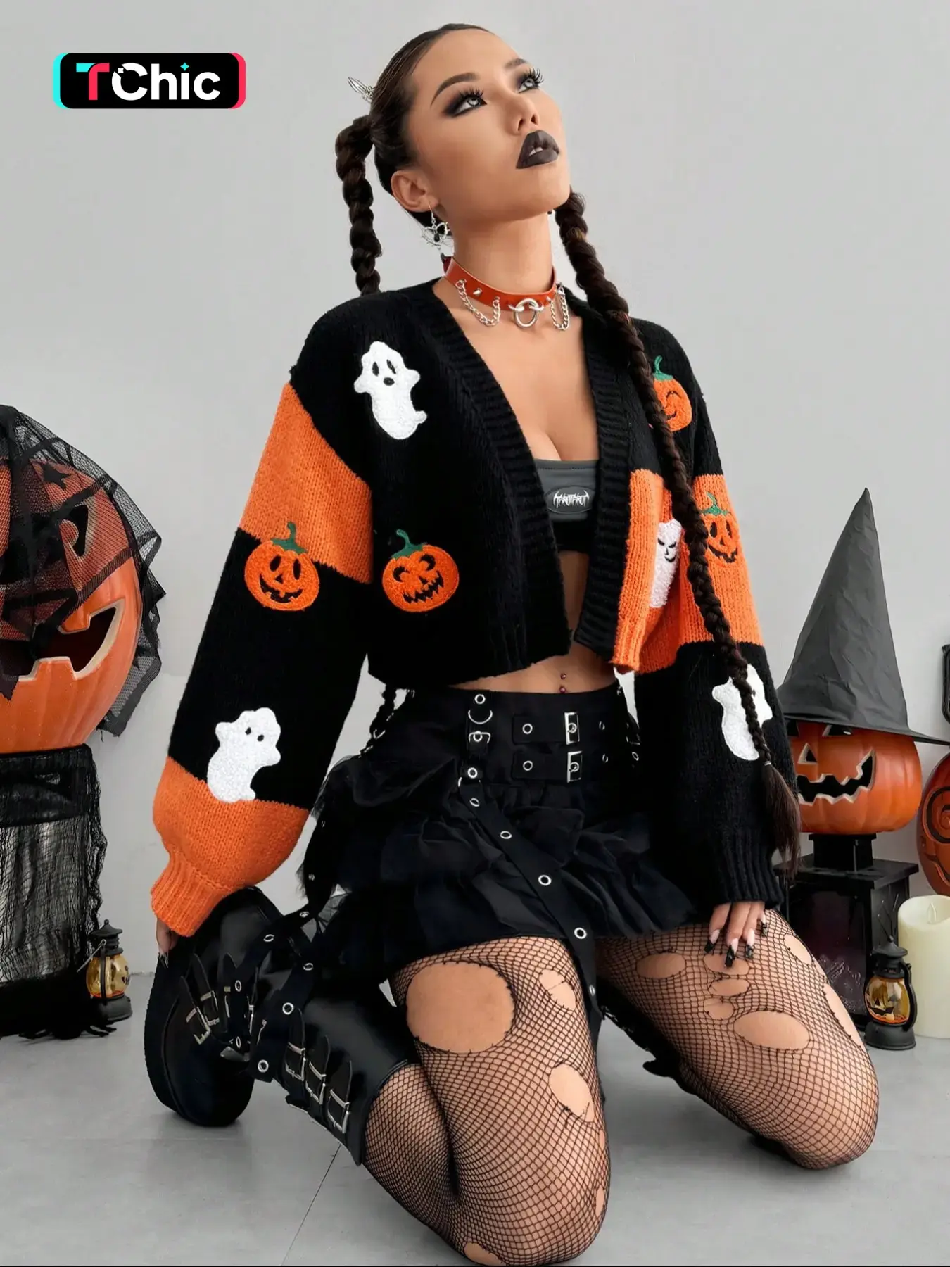 Women's Halloween Colorblock Pumpkin Embroidered Loose-Fit Short Sweater Cardigan, Casual Fall & Winter Knitwear, Moderate Fabric Thickness