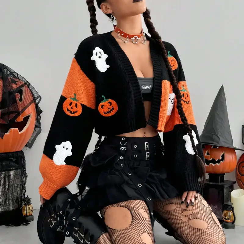 Women's Halloween Colorblock Pumpkin Embroidered Loose-Fit Short Cardigan, Casual Fall & Winter Drape Knitwear, Moderate Fabric Thickness, Embroidered Sweater