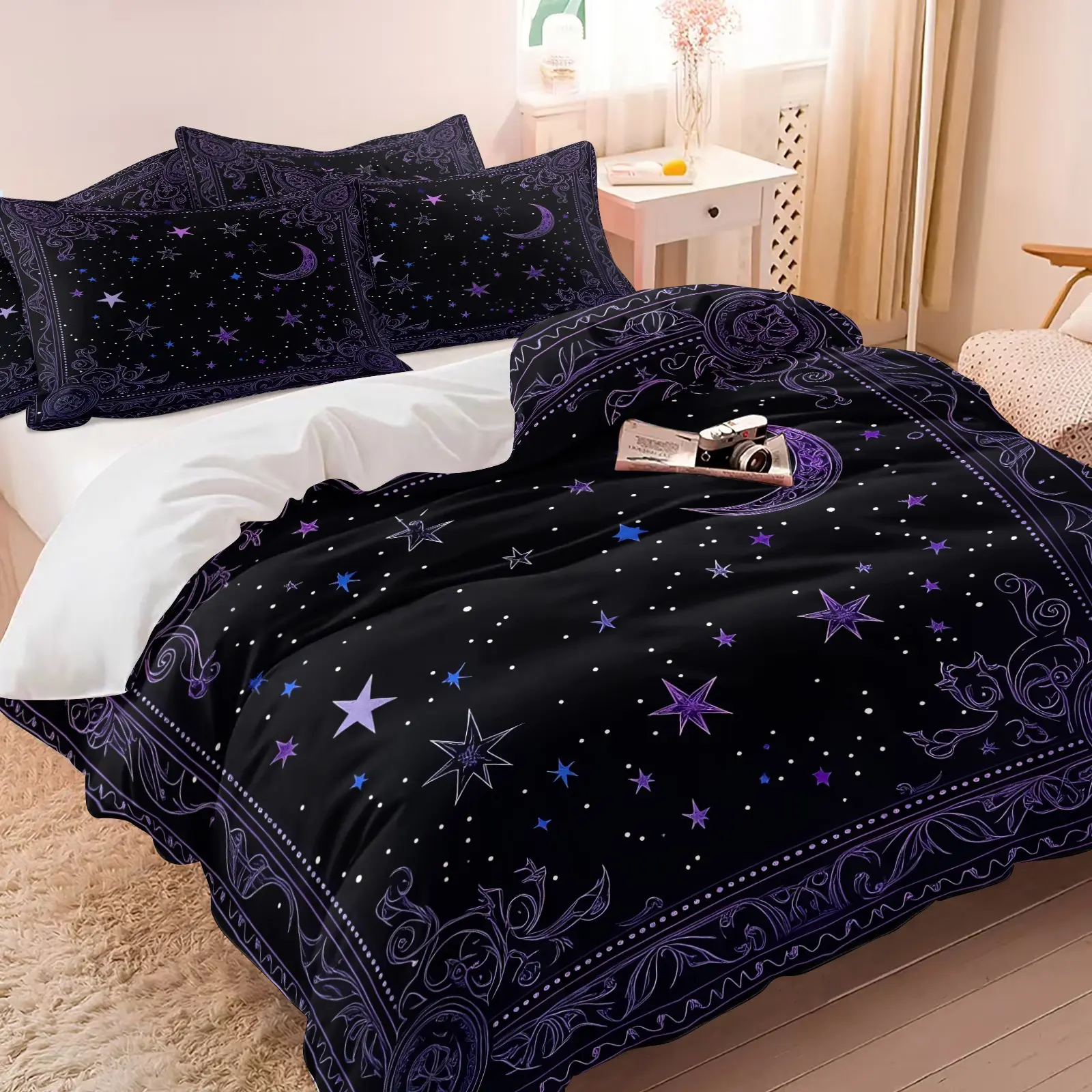 Gothic Purple Moon Star Duvet Cover Set, 1 Duvet Cover + 1/2 Pillowcases, HD Digital Print Vintage Border Celestial Pattern, Skin-Friendly Wrinkle Resistant Microfiber, All Season Breathable Bedding, Room Decor for Teens Youth