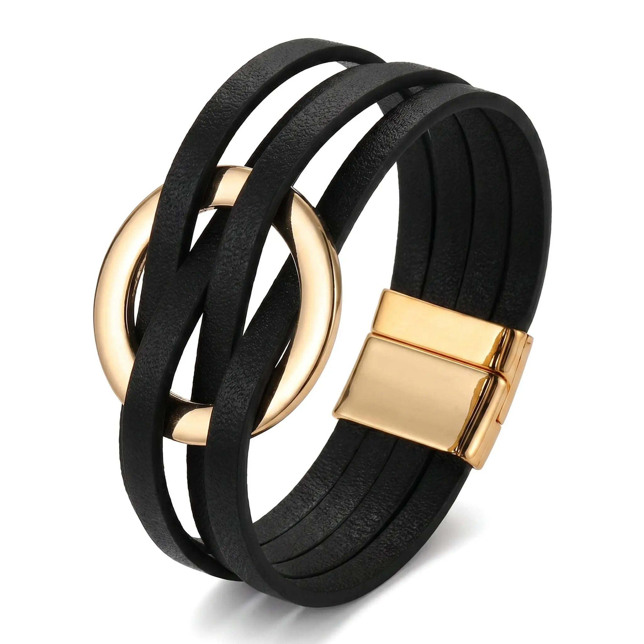 Women's Cross Design Multilayer Leather Alloy Bracelet - Geometric Large Metal Ring, Easy On-and-Off Magnetic Clasp Cuff Arm Band, Elegant Durable Fashion Jewelry for Daily Wear, Parties, Bangle, Easy On-And-Off Wear
