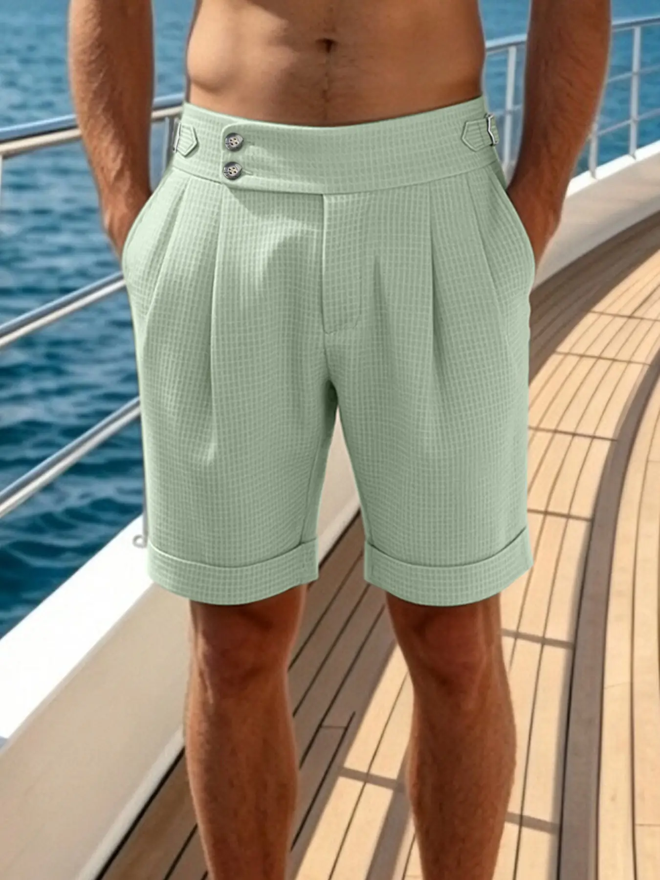 Men's Blazer Shorts, Chic Shorts, Fashionable Summer Shorts, Napoli Style, Mid-Waist Double Button, Waffle Five-Pocket, Business Casual, Slim Fit, Plain Surface