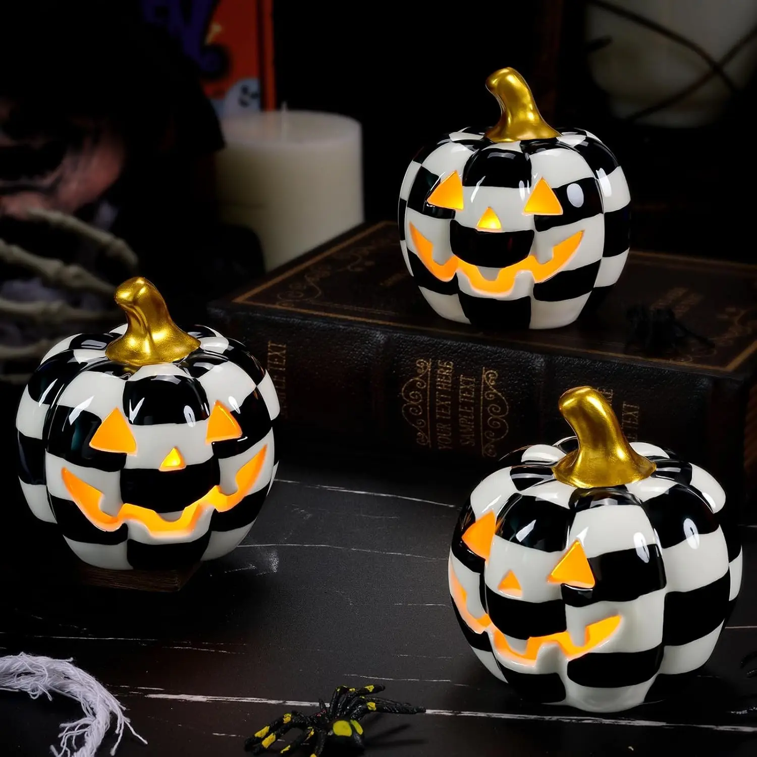 3 Pack Ceramic Light-Up Jack-O-Lantern Pumpkins with Tea Lights, Black and White Halloween Tabletop Decorations for Indoor Holiday PartiesGift