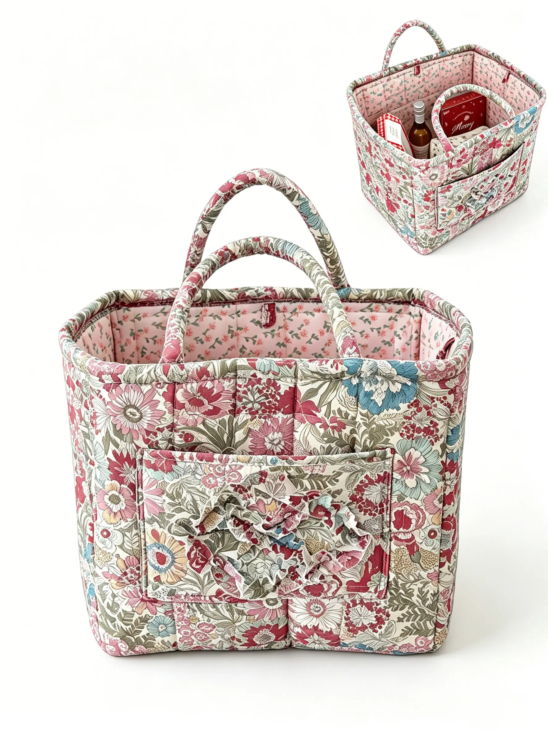Vintage Floral Quilted Large Decorative Storage Basket, Lily Edge Outer Pocket, Four Colors Available, Home Clothes Baby Miscellaneous Handbag