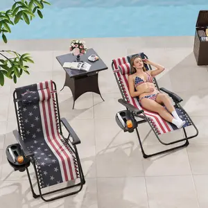 Summervibes Flash sale home items Set of 2 Zero Weight Patio Chairs - Adjustable Reclining Outdoor Lounge Chairs with Pillow & Cup Holder Tray - Folding Portable Deck, Beach, Garden Seating - Stars and Stripes + 2*1 Mesh Fabric, 2 Pieces/Box