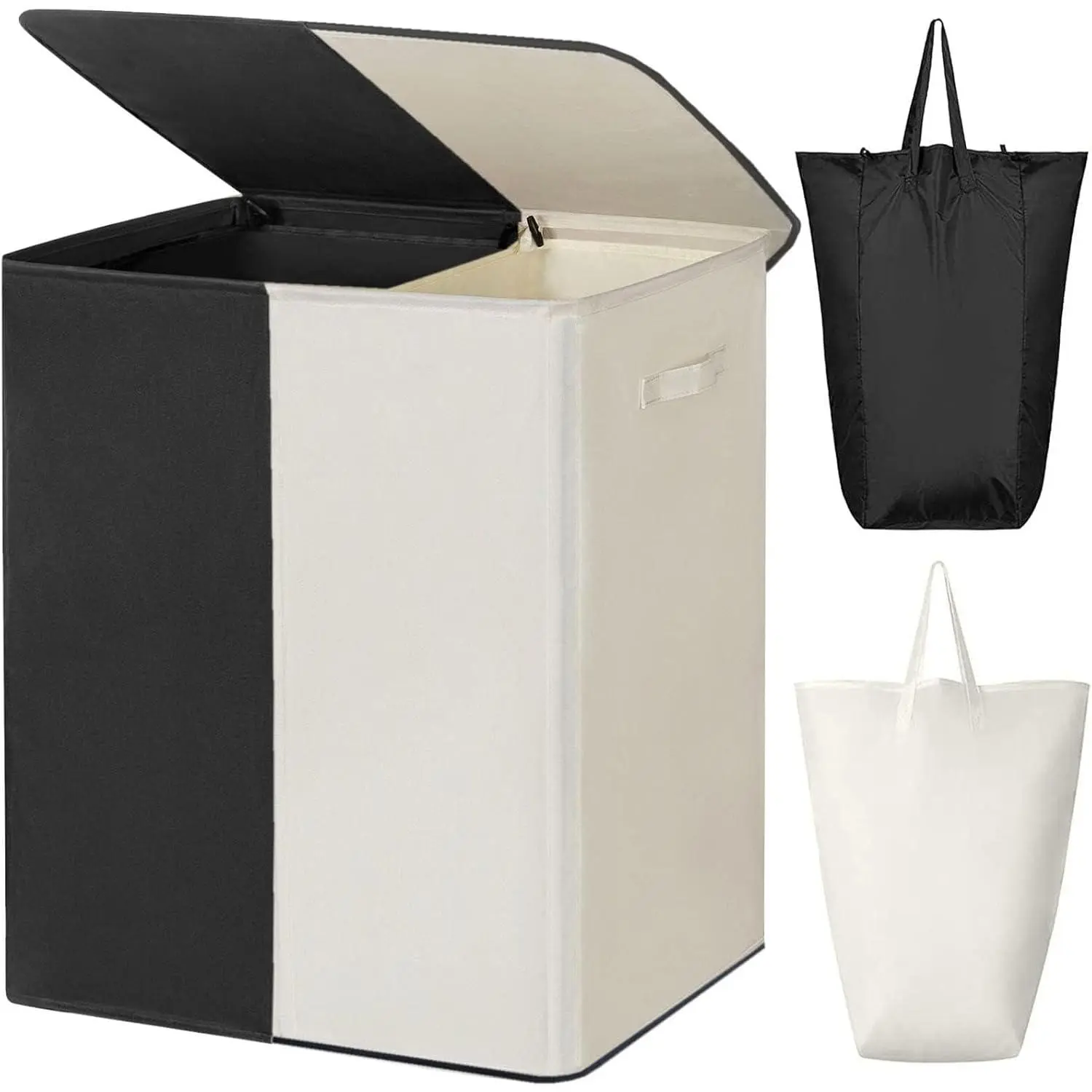 Double Laundry Baseket with Lid and Removable Laundry Bags,154L Large Laundry Hamper 2 Section Collapsible Dirty Clothes Hamper for Laundry Room,College Dorm,Bathroom,Black and Beige
