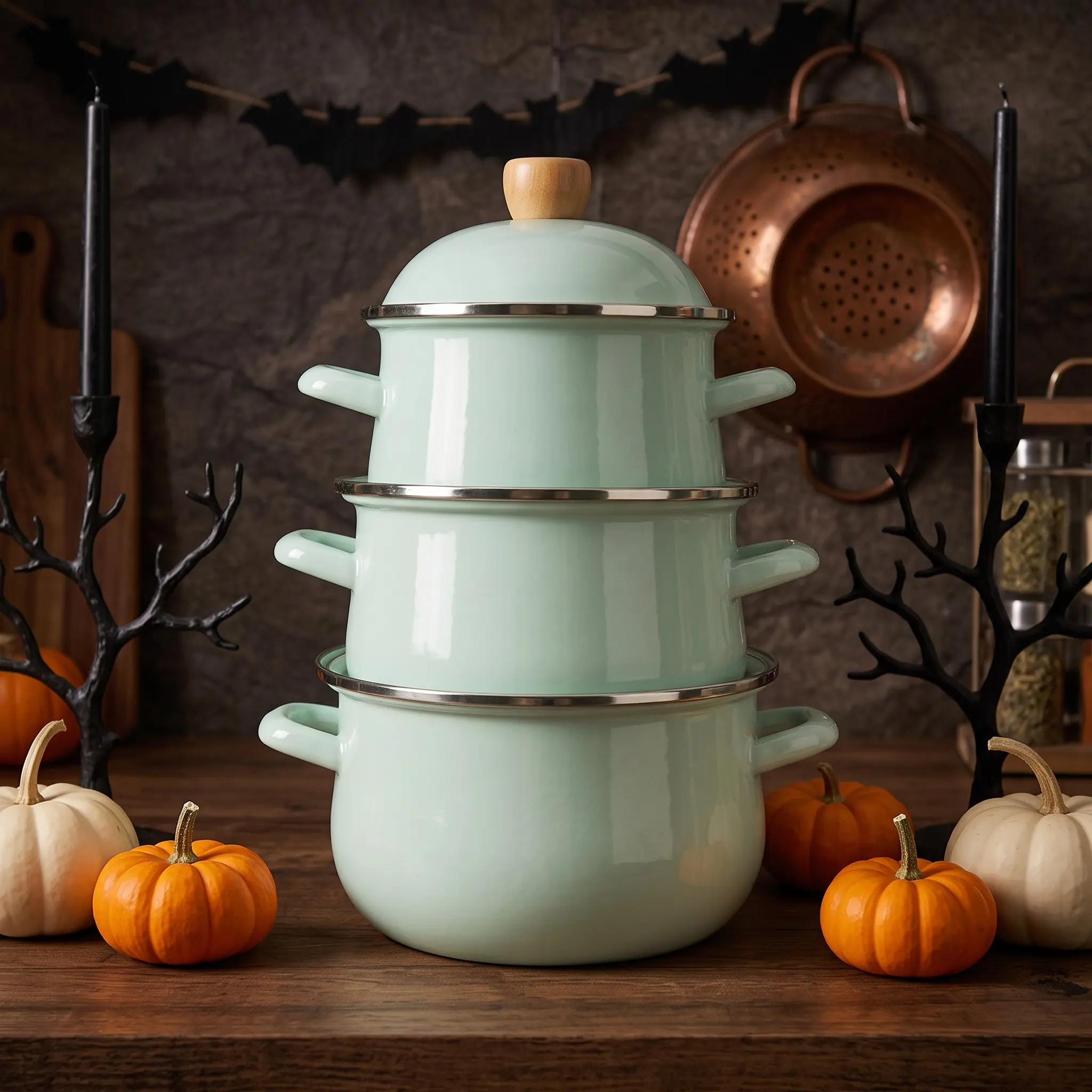 Halloween-Themed Milk Blue Portable Multi-Functional Enamel Pot Set, Soup Pot, Cooking Pot, Frying Pan, Easy-To-Clean Non-Stick, Kitchen Gear, Outdoor Cookware, Gift