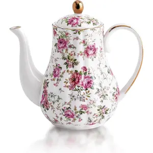 Agyiuns Tea Pot, Porcelain Teapot 37oz,tea pots for tea party,Tea Infuser Pots for Blooming loose Leaf Tea (White with flower)
