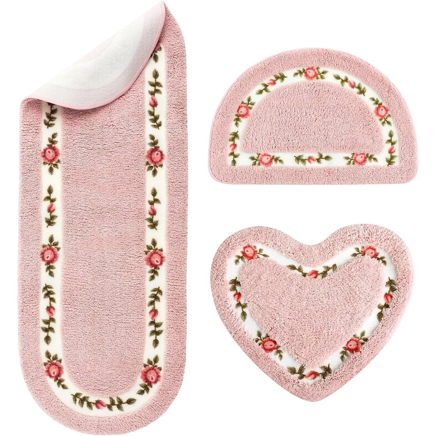 3 Pcs Rose Flowers Coquette Bathroom Rugs Set Rose Flower Area Rugs Non Slip Absorbent Washable Door Mat Floral Bathroom Carpet Coquette Decoration for Home Hotel, 3 Shapes(Pink)