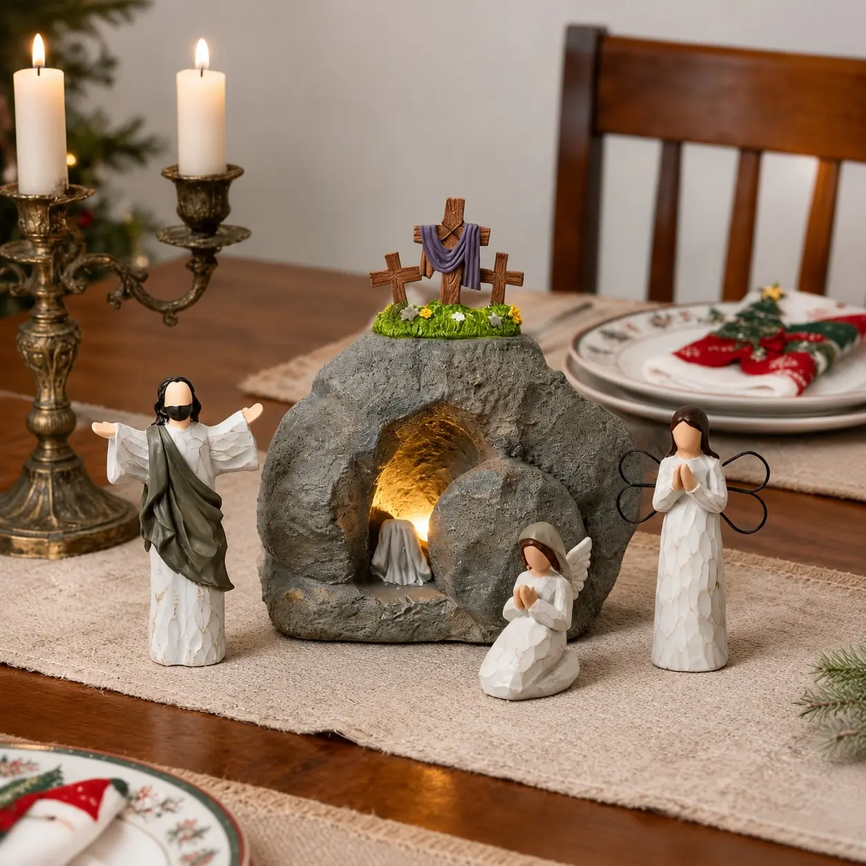 Collect Figurines, Empty Tomb Easter Scene and Cross Decoration, Easter Home Decoration, Religious Home Decoration, Religious Ornaments, Christian Gifts, Religious Collectibles (Without Light)