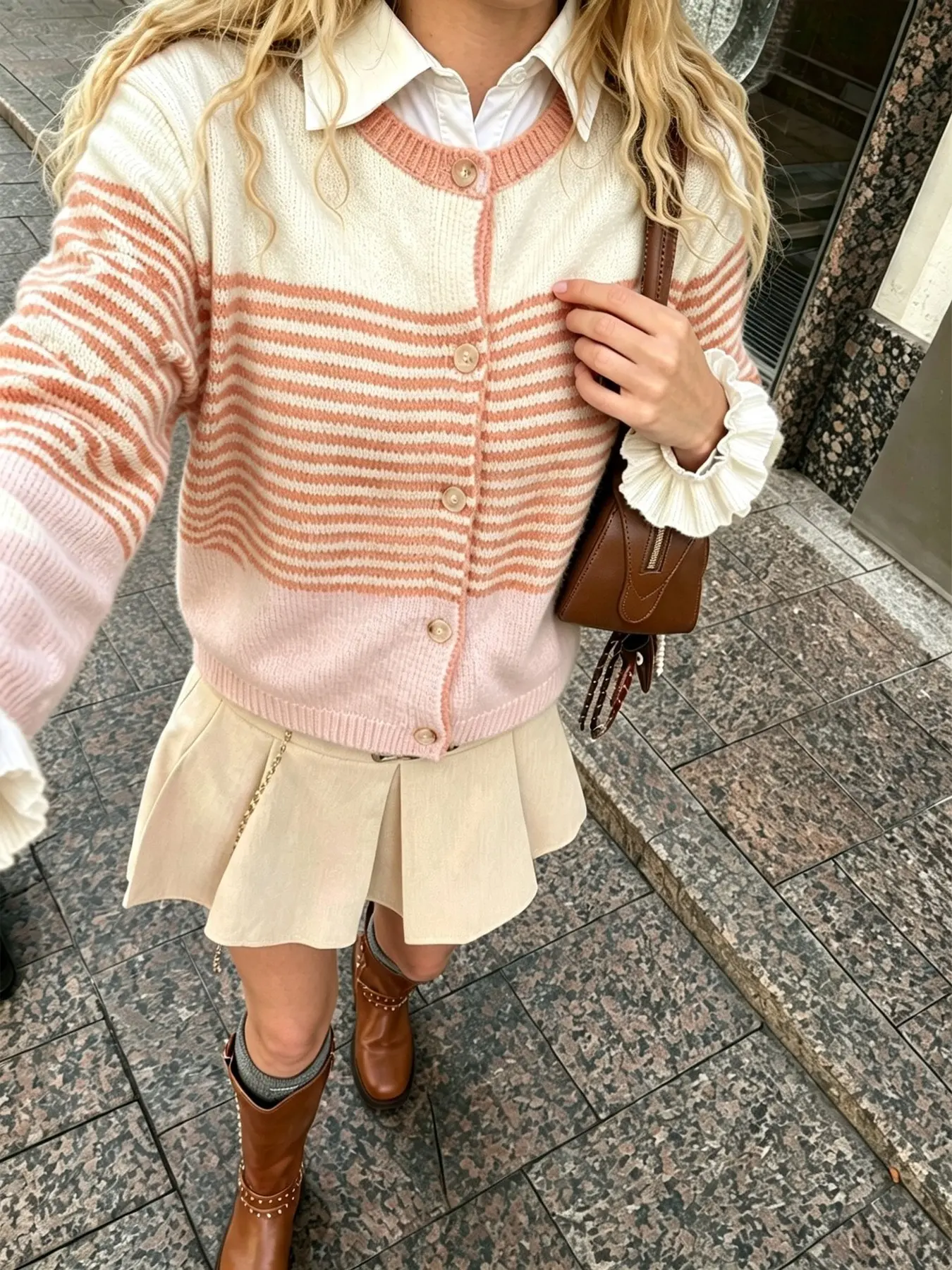 Women Color Block Striped Knit Cardigan, Crew Neck Button Down Ruffle Long Sleeve Soft Cropped Sweater Jacket, Vintage Preppy Fall Winter Casual Daily Outwear, Oversized Loose Fit Layer Top for School Date Streetwear