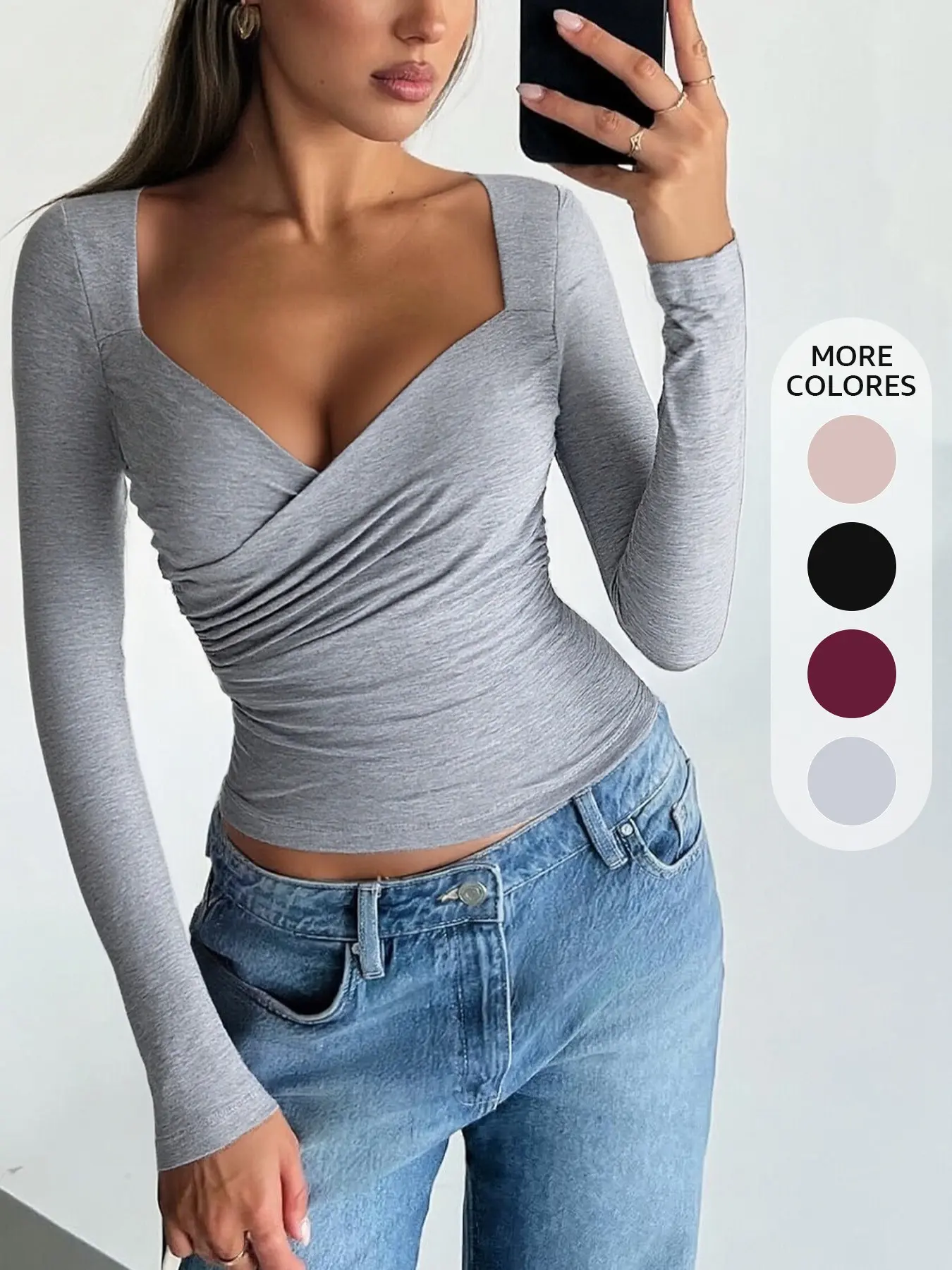 Women's Long Sleeve Ruched Wrap Shirt Casual Sweetheart Neck Fitted Top Chic Elegant Going Out Blouse for Work Vacation Date Night Everyday Wear