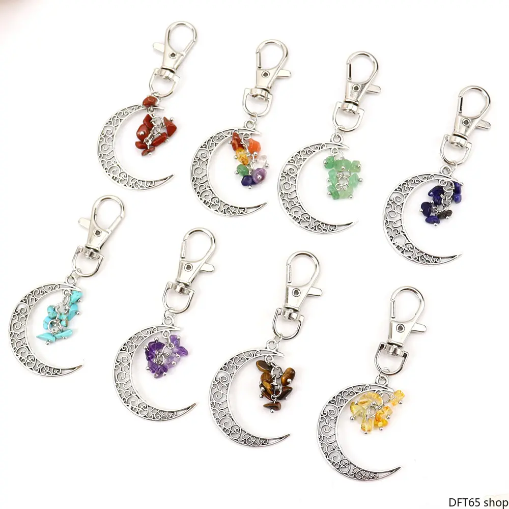 Colorful Custom Model Crescent Moon Grape Keychain, Inlaid with Mixed Natural Crystal Chips, Polished Alloy Hook, Compact Lightweight Stackable Minimalist Decor for Car Keys, Handbags (DIY Bag Accessory), Decorative