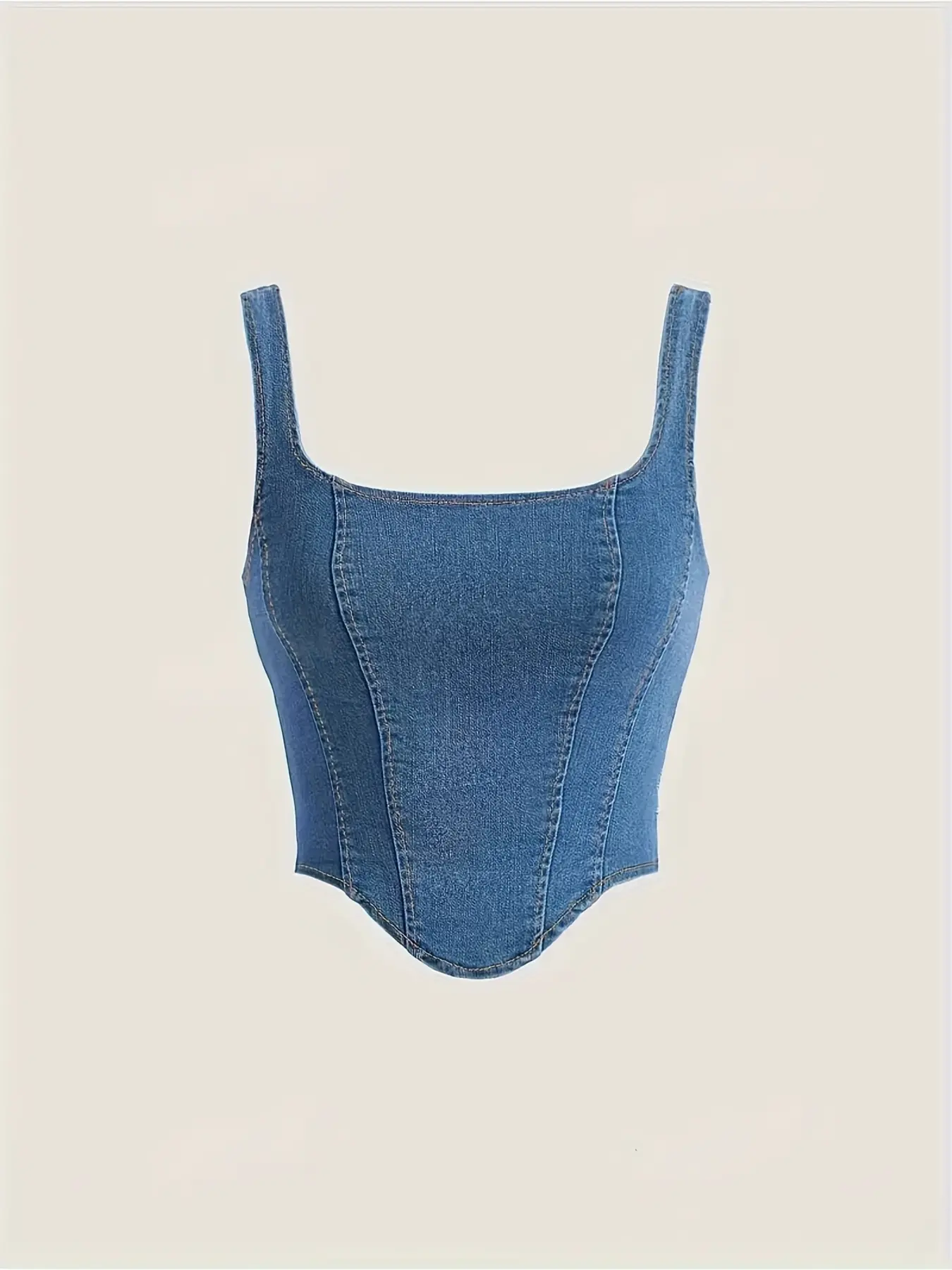 2026 women's retro denim fishbone contour waist tank top with a three-dimensional visible line waist cut and elastic denim fabric, comfortable yet stylish; Square collar and wide shoulder strap design, irregular hem, perfect for pairing with jeans/skirts,