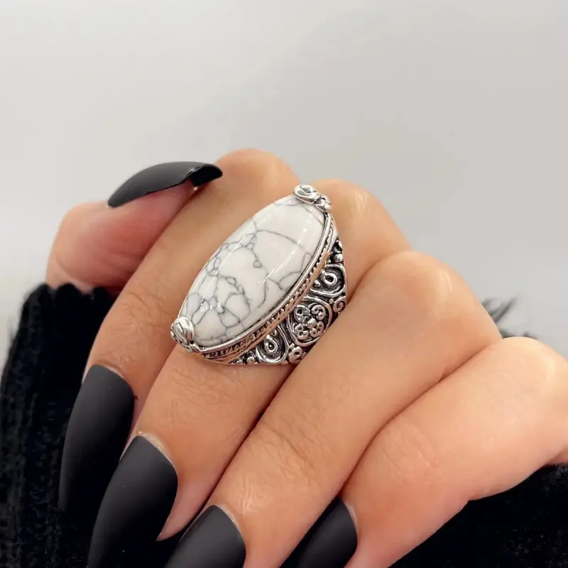 Women's Vintage White Turquoise Large Oval Raw Stone Cocktail Ring - Witchy Boho Western Aesthetic Costume Jewelry