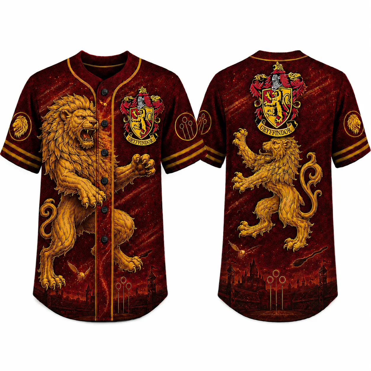 Harry Potter Gryffindor Baseball Jersey Shirt, Lion Crest All Over Print Button Down Short Sleeve V Neck Unisex Fan Shirt, Wizarding World Game Day Streetwear Outfit
