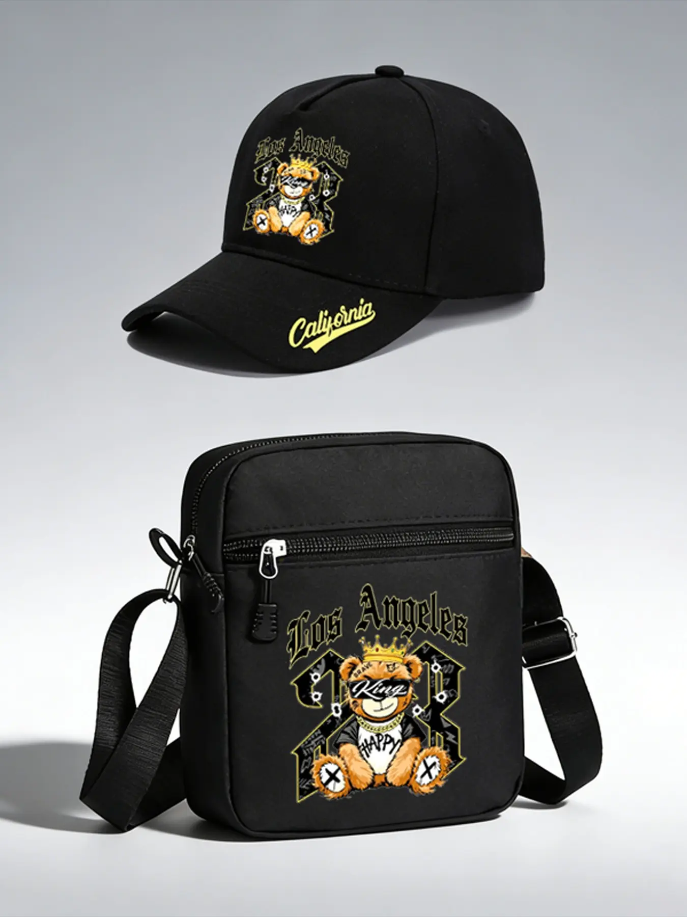 2pcs California 23 Hip Hop Bear Pattern Set, Adjustable Baseball Cap and Crossbody Bag, Street Fashion Outdoor Gear, Gift Idea
