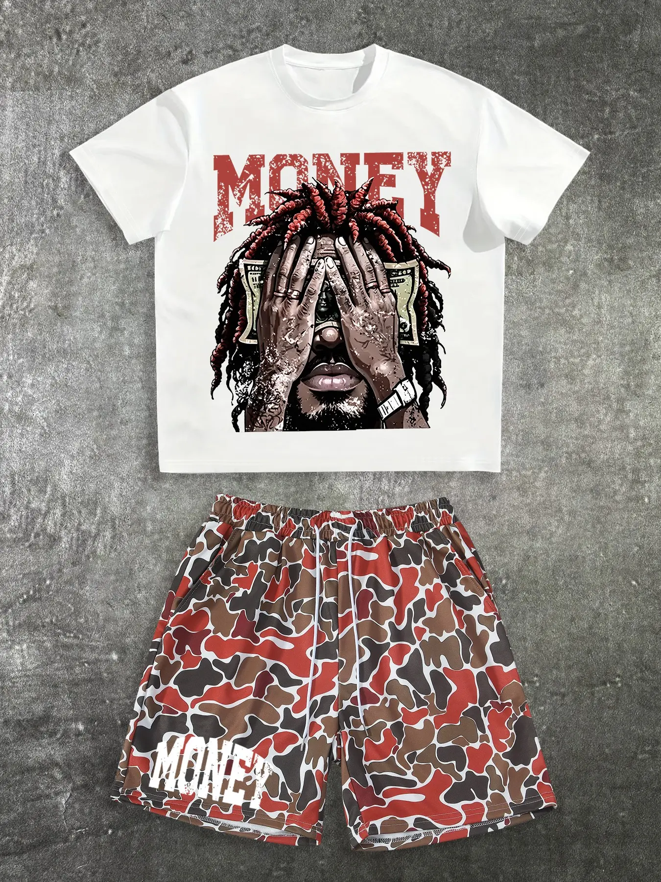 Men's "Money" Graphic T-Shirt & Camo Shorts Set, Hip-Hop Streetwear Loose Casual Outfit, Camo Printed Co-Ord Set, Camouflage #MoneyPrintSet #HipHopStreetwear #CamoShortsSet #StreetwearCoOrd #TikTokMadeMeBuyIt