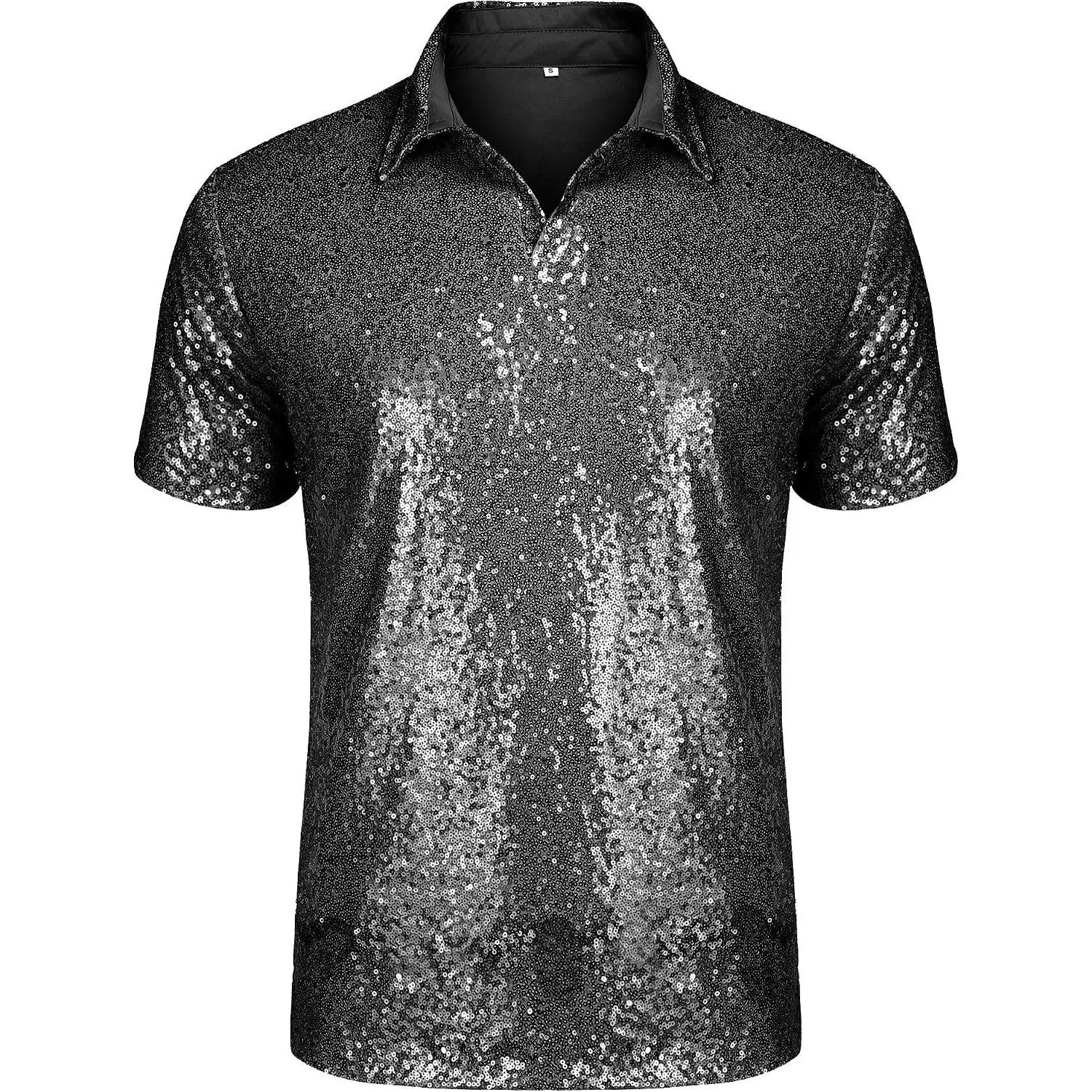 Men's Relaxed Short Sleeve Turndown Sparkle Sequins Polo Shirts 70s Disco Nightclub Party Shirt Tops