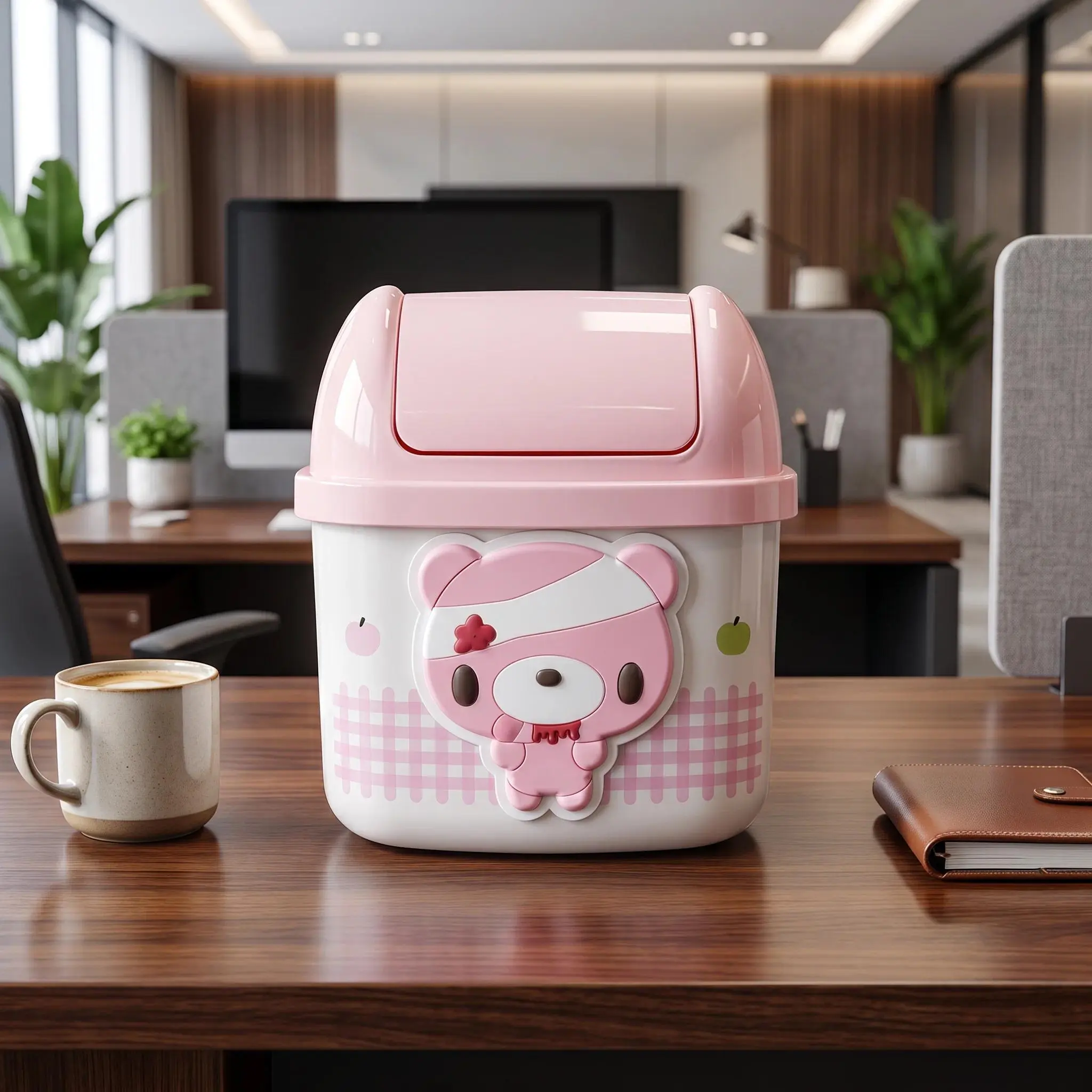 Cute Pink Bear Desktop Trash Can Flip Lid Mini Waste Basket for Office Bedroom Kawaii Storage Bin